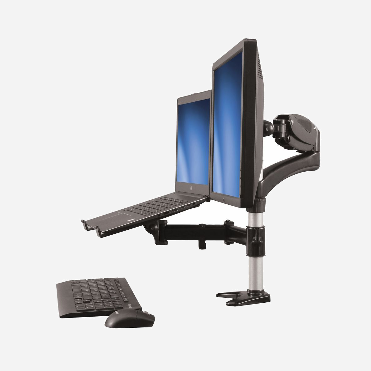 StarTech.com ARMUNONB Bras d'écran 15-27" Aluminium Noir Fixation Bureau Pince VESA 75x75/100x100mm Charge max 8kg Angle -90/+85° Pivot 180° - Élevez votre ordinateur portable et votre écran au-dessus de votre bureau pour créer un poste de travail à deux écrans et améliorer votre productivité<br/><br/>Ce bras d'écran vous permet de créer un poste de travail à deux écrans à la fois pratique et économique en utilisant votre ordinateur portable comme second écran. Il comporte un support intégré qui permet de surélever votre ordinateur portable pour l'aligner avec l'autre écran de manière homogène.<br/><br/>Créez un environnement à deux écrans en utilisant votre ordinateur portable comme second écran<br/><br/>Intégrez l'écran de votre ordinateur portable pour améliorer votre productivité. Le support vous permet d'ajuster la hauteur de votre ordinateur portable pour l'aligner avec votre écran et vous fournir un environnement à deux écrans sans avoir à en acheter un deuxième.<br/><br/>Avec deux écrans, vous aurez enfin la surface d'écran nécessaire pour simplifier le fonctionnement multitâche et optimiser votre productivité. Avec cette configuration, on peut facilement référencer du matériel sur un écran et travailler sur l'autre; ce qui évite d'avoir à passer sans cesse d'un document à l'autre. De plus, pour afficher des pages plus longues ou des blocs de code sans les faire défiler, le bras LCD permet de faire pivoter l'écran du format paysage au format portrait.<br/><br/>Créez un environnement à deux écrans ergonomique<br/><br/>Le bras d'écran flexible et son support permettent d'étendre; d'incliner et de pivoter l'écran et l'ordinateur portable sur plusieurs axes. Ils sont dotés d'ajustements en hauteur assistés par des ressorts pour un positionnement sans effort. Ainsi, créer un environnement ergonomique sur mesure devient un véritable jeu d'enfant.<br/><br/>Libérez de l'espace sur votre bureau<br/><br/>Le bras polyvalent vous permet de surélever votre ordinateur portable et votre écran traditionnel afin qu'ils n'encombrent plus votre bureau. De cette manière, vous aurez plus d'espace pour du matériel supplémentaire ou pour effectuer des tâches comme écrire ou lire des documents papier.<br/><br/>Le bras d'écran est adapté aux environnements de travail réduits comme les box. Il vous fournit ce dont vous avez besoin tout en libérant de l'espace. L'équerre à vis peut être fixée sur le bord de votre bureau, de votre table ou de votre comptoir avec une épaisseur maximale de 9 cm.<br/><br/>De plus, en combinant le bras à un écran, un ordinateur portable, une station d'accueil PC, un clavier et une souris, vous pouvez configurer sans peine un partage de bureau au travail ou même chez vous. Il s'agit d'une solution idéale pour les professionnels itinérants qui sont constamment en déplacement.<br/><br/>Le bras d'écran prend en charge des écrans de 15 à 27" d'un poids maximal de 8 kg. Il offre des pinces de gestion de câbles pour un encombrement minimal. Le support intégré prend en charge des ordinateurs portables d'un poids maximal de 8 kg. Il offre également des pinces de gestion de câbles intégrées.<br/><br/>The StarTech.com Advantage<br/>