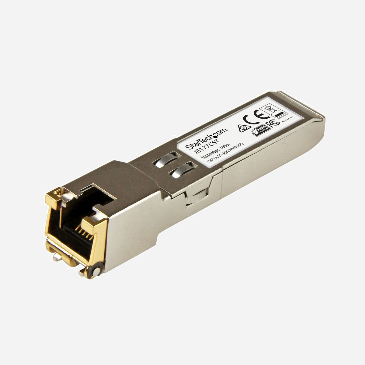 StarTech.com Module SFP Cuivre 1000BASE-T RJ45 J8177CST, 1 Gbps, 100m, compatible HPE, 0-70°C, MTBF 4655371h, <1.3W - 1000 Mbps (1 Gbps) | Cuivre | RJ45 | 100 m | Garantie à vie<br/><br/>Le modèle J8177CST est un module de transceiver en cuivre compatible avec HPE J8177C, qui a été conçu, programmé et testé pour fonctionner avec les commutateurs et routeurs de la marque HPE®. Il fournit une connectivité 1 GbE fiable sur câble à fibre optique pour les réseaux conformes aux spécifications 1000BASE-T, avec une distance maximale de 100 m.<br/><br/>Spécifications techniques :<br/><br/>• Vitesse de transfert maximale : 1 000 Mbit/s<br/>• Type : cuivre<br/>• Type de connexion : connecteur RJ45<br/>• Distance maximale de transfert : 100 m<br/>• MTBF : 4 655 371 heures<br/>• Consommation électrique : moins de 1,3 watt<br/>• Contrôle de diagnostics numériques (DDM) : non<br/><br/>Ce module SFP en cuivre est échangeable à chaud, ce qui facilite les mises à niveau et les remplacements en minimisant les interruptions sur le réseau.<br/><br/>SFP StarTech.com<br/><br/>. StarTech.com propose une grande variété de modules SFP et de câbles SFP à fixation directe, qui vous offrent l'ergonomie et la fiabilité dont vous avez besoin pour assurer des performances réseau fiables.<br/><br/>The StarTech.com Advantage<br/>