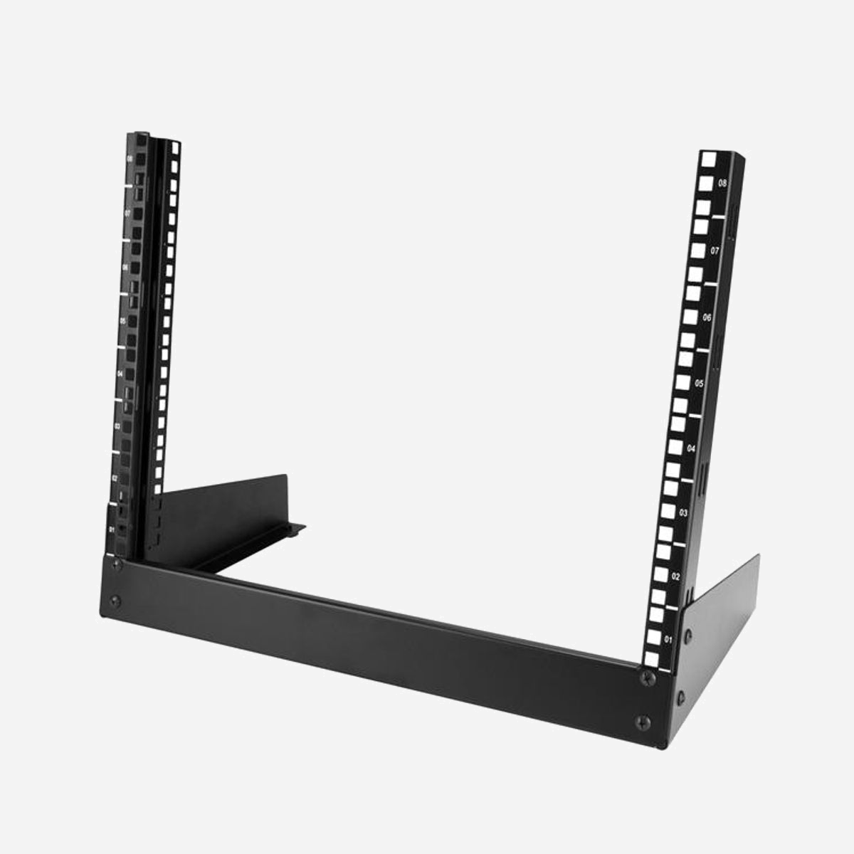 StarTech.com RK8OD Rack Serveur Bureau 8U 2 Montants Acier Noir, Charge 50kg, EIA/ECA-310-E, 504x292x410mm, Kit Vis/Écrous Cage M5 Inclus - Stockez sur ce rack à deux montants votre équipement léger prévu pour un montage en rack<br/><br/>Ce rack de bureau à deux montants fournit 8U d'espace de stockage et vous permet de monter de petits équipements audio/vidéo ou informatiques.<br/><br/>Profitez d'une solution de montage économique<br/><br/>Ce rack de bureau à deux montants vous permet de monter votre équipement à un prix largement inférieur à celui des racks conventionnels. Ce rack léger est conçu pour respecter les normes de montage en rack EIA-310. Sa conception en acier vous garantit une solution de montage robuste et sécurisée pour votre équipement essentiel.<br/><br/>Améliorez l'efficacité et l'accessibilité dans votre bureau ou salle de serveurs<br/><br/>Ce rack autonome à cadre ouvert vous permet de libérer de la place grâce à sa conception compacte. Vous pouvez ainsi monter votre équipement de montage en rack sur toutes les surfaces de votre lieu de travail, notamment votre bureau. Cela vous permet d'y accéder facilement au quotidien.<br/><br/>Installation simplifiée<br/><br/>Ce rack à deux montants est facile à assembler et inclut 20 vis M5 et 20 écrous cage.<br/><br/>Si vous cherchez une solution de montage de bureau avec plus d'unités de racks, StarTech.com propose également un Rack de bureau à deux montants 12U.<br/><br/>The StarTech.com Advantage<br/>