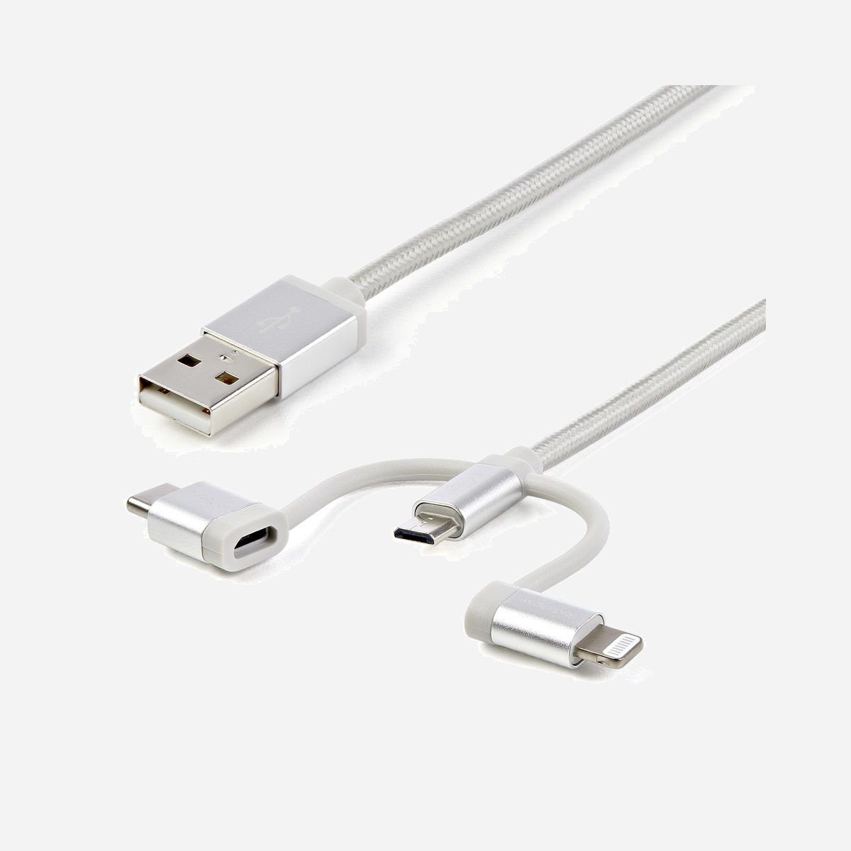 StarTech.com Câble Multi-Chargeur LTCUB1MGR 1m USB 2.0 Type-A vers Micro-USB B + Adaptateur Lightning/USB-C, Tressé, 22/28 AWG, Argent - Câble de chargement USB 3 en 1 | Tressé | Certifié Apple MFi | USB 2.0<br/><br/>Ce câble USB multi embout permet de charger et de synchroniser facilement vos appareils Apple Lightning ou Android avec un seul câble.<br/><br/>Câble USB de chargement 3 en 1<br/><br/>Emportez partout ce câble USB vers Micro-USB, USB-C ou Lightning pour charger tous vos appareils, au lieu de transporter plusieurs câbles. Ce câble 3 en 1 vous permet de changer facilement d'appareil et de plateforme. Notez qu'il se connecte à un seul appareil à la fois.<br/><br/>Chargez vos appareils à partir d'un chargeur mural USB, d'un chargeur de voiture ou d'une batterie externe. Plus long, ce câble offre une plus grande portée, afin que vous puissiez utiliser facilement votre appareil, même lorsqu'il est connecté à un chargeur.<br/><br/>Évitez les nœuds et les enchevêtrements<br/><br/>Grâce à sa gaine en nylon tressé, ce câble de chargement robuste se noue et s'emmêle moins facilement qu'un câble non tressé. Il peut ainsi remplacer avantageusement tous vos câbles de chargement.<br/><br/>Simplicité d'utilisation<br/><br/>Pour charger ou synchroniser un appareil mobile USB-C ou Lightning, branchez simplement le connecteur correspondant au connecteur Micro-USB et branchez votre appareil. Pour charger ou synchroniser un appareil Micro-USB, branchez simplement le connecteur du milieu du câble à votre appareil mobile.<br/><br/>Ce câble permet de charger ou de synchroniser un seul appareil à la fois.<br/><br/>Le câble LTCUB1MGR a reçu la certification Apple MFi et bénéficie de la garantie StarTech.com de 2 ans pour vous assurer des performances fiables et durables.<br/><br/>The StarTech.com Advantage<br/>