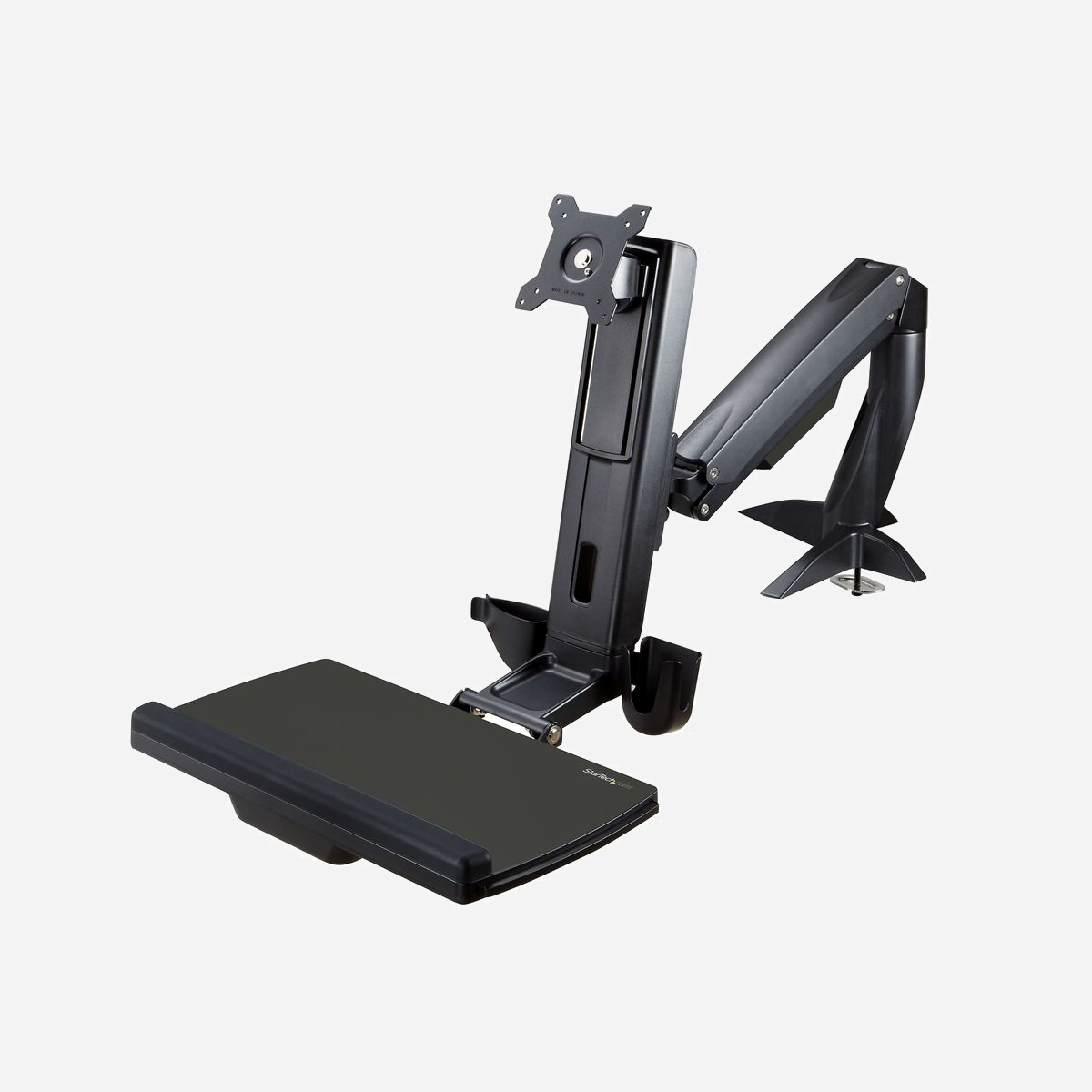 StarTech.com Support Bureau Debout Écran, Clavier, Souris - Bras articulé 1x Écran jusqu'à 34" VESA 75/100, Hauteur réglable 450mm, Plateau Clavier 449x207mm, Poids max 8kg - Créez un espace de travail plus ergonomique grâce à ce support pour bureau debout<br/><br/>Ce bras d'écran pour bureau debout transforme votre bureau ou votre table en espace de travail ergonomique. Le bras d'écran intègre un support pour clavier et un mécanisme permettant de régler la hauteur en toute simplicité. Vous pouvez ainsi passer de la position assise à la position debout, sans interruption. Déplacez votre poste de travail vers le haut, le bas, la gauche ou la droite, selon vos besoins.<br/><br/>Réglez la hauteur d'un seul geste simple<br/><br/>Réglez votre position d'un seul geste simple. Il vous suffit de soulever la surface de travail (jusqu'à 450 mm) pour lever votre écran et votre clavier. Vous pouvez régler la tension selon vos besoins. Il est possible de régler séparément la hauteur du support de montage de l'écran (jusqu'à 124 mm) le long du pied.<br/><br/>Simplicité de réglage optimale<br/><br/>Ce bras d'écran pour bureau debout prend en charge un seul écran jusqu'à 27" (ou 34" ultrawide). L'angle de rotation de -90° à 90° et l'angle d'inclinaison de -30° à 65° offrent un confort visuel optimal. Le support de montage VESA pivote aussi à 360° pour les orientations portrait et paysage.<br/><br/>Grand espace de travail<br/><br/>Le bras d'écran est doté d'un grand support pour clavier (449 x 207 mm) et d'un grand espace de travail. Un support coulissant (217 x 213 mm) vous permet de poser votre souris à gauche ou à droite.<br/><br/>Pour tirer le meilleur parti de votre espace de travail, vous pouvez replier le bras d'écran lorsque vous ne l'utilisez pas, afin de libérer de l'espace. Le support pour clavier se replie aussi à 90°.<br/><br/>Installation flexible<br/><br/>Le bras d'écran compact pour bureau debout intègre un socle à pince ou à œillets. Il peut donc s'intégrer facilement à votre espace de travail, notamment dans les coins où l'espace est restreint.<br/><br/>The StarTech.com Advantage<br/>