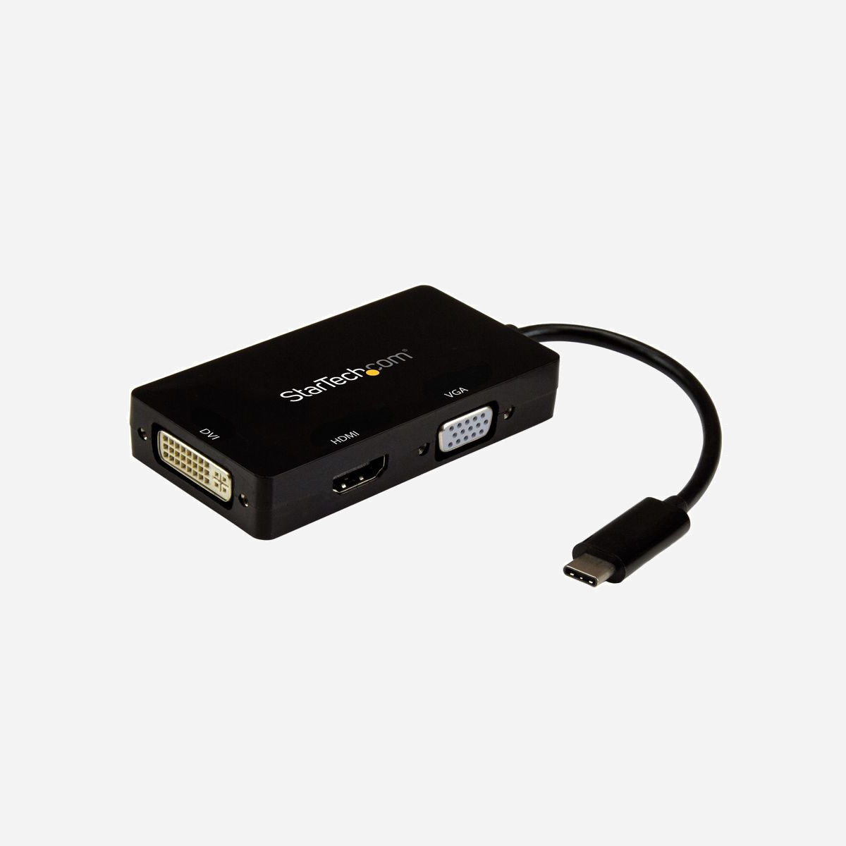 StarTech.com CDPVGDVHDBP : Adaptateur USB-C vers HDMI 4K 30Hz / DVI (1920x1200) / VGA (1920x1200) - USB Type-C Mâle - 15cm - Adaptateur de voyage USB Type-C™ vers VGA, DVI ou HDMI | Garantie de 3 ans<br/><br/>Cet adaptateur vidéo USB-C™ multiport offre une solution portable pour connecter votre ordinateur portable USB Type-C à un écran VGA, DVI ou HDMI®.<br/><br/>Connectivité vidéo tout-en-un, idéale pour voyager<br/><br/>Ne vous encombrez plus de multiples adaptateurs pour différents écrans grâce à cet adaptateur vidéo USB-C 3 en 1. Avec ses sorties VGA, DVI et HDMI, vous pouvez connecter votre ordinateur portable à pratiquement n'importe quel écran.<br/><br/>Qualité d'image remarquable<br/><br/>La sortie HDMI cet adaptateur vidéo UBC-C prend en charge les résolutions UHD 4K, pour une qualité d'image quatre fois supérieure à la résolution haute définition 1080p. Toutes les sorties (HDMI, VGA, DVI) prennent en charge les résolutions haute définition jusqu'à 1920 x 1200.<br/><br/>Portabilité maximale<br/><br/>Pratique, le dongle USB-C plug-and-play est l'accessoire de voyage idéal. L'adaptateur vidéo USB-C est une solution idéale pour les applications BYOD (Apportez votre propre appareil), où que vous alliez : il offre trois options de sortie vidéo et se glissera facilement dans la sacoche de votre ordinateur portable.<br/><br/>The StarTech.com Advantage<br/>