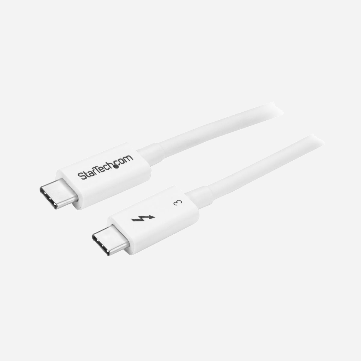StarTech.com Câble Thunderbolt 3 50cm 40Gbps USB-C Blanc - Compatible Thunderbolt, USB, DisplayPort, Vidéo 4K 60Hz, Alimentation 100W - Offrez une vitesse de transfert des données quatre fois plus rapide par rapport aux autres types de câbles, rendez possible la vidéo double 4K 60 Hz et alimentez vos appareils avec un câble unique<br/><br/>Ce câble Thunderbolt™ 3 vous permet de vous connecter à n'importe quel port Thunderbolt 3 (USB-C™) pour transmettre des vidéos et des données à vos appareils Thunderbolt, USB et DisplayPort. De plus, le câble vous permet également de charger vos appareils et vous pouvez brancher jusqu'à 6 appareils Thunderbolt 3 dans une installation en série.<br/><br/>Transferts de données plus rapides lorsqu'il est connecté aux appareils Thunderbolt<br/><br/>Ce câble prend en charge une vitesse de transfert de 40 Gb/s lorsqu'il est connecté à un appareil Thunderbolt 3, vous permettant ainsi de transférer des fichiers photo et vidéo quatre fois plus rapidement qu'avec un câble USB 3.1 Gen 2 (10 Gb/s). Par exemple, vous pouvez transférer un film 4K en quelques secondes. Lorsqu'il est connecté à un appareil USB 3.1, le câble prend en charge une vitesse de transfert de 10 Gb/s.<br/><br/>Compatible USB-C<br/><br/>Le câble Thunderbolt 3 USB-C est parfaitement compatible avec l'ensemble de vos appareils USB 3.1 Gen 2 et peut être utilisé pour charger et synchroniser vos appareils mobiles. Vous pouvez également connecter et alimenter des ordinateurs portables USB-C, comme votre MacBook Pro ou votre Chromebook™, et des périphériques USB-C, comme votre disque dur portable et votre station d'accueil.<br/><br/>Vidéos Full 4K<br/><br/>Ce câble prend en charge les vidéos Full 4K 60 Hz ou 5K 60 Hz. Le câble prend également en charge DisplayPort 1.2 et il est compatible avec les écrans DisplayPort existants. Il est parfait pour connecter votre station d'accueil ou votre ordinateur portable à un écran et bénéficier d'une résolution, d'un contraste et d'une profondeur des couleurs remarquables pour des détails exceptionnels.<br/><br/>Alimentation polyvalente<br/><br/>Ce câble Thunderbolt 3 fournit jusqu'à 100 W d'alimentation pour charger votre ordinateur portable ou alimenter un écran, et 15 W pour les appareils alimentés par bus comme les boîtiers de disque dur.<br/><br/>Gestion de réseau Thunderbolt<br/><br/>Ce câble vous offre un moyen simple de lier plusieurs ordinateurs portables équipés de la technologie Thunderbolt 3 pour une gestion de réseau de 10 GbE en peer-to-peer. Il est parfait pour configurer de petits groupes de travail et pour partager les périphériques (de stockage, imprimantes, etc.). Vous pouvez également connecter deux ordinateurs portables Thunderbolt 3 entre eux, pour assurer la migration des données.<br/><br/>The StarTech.com Advantage<br/>