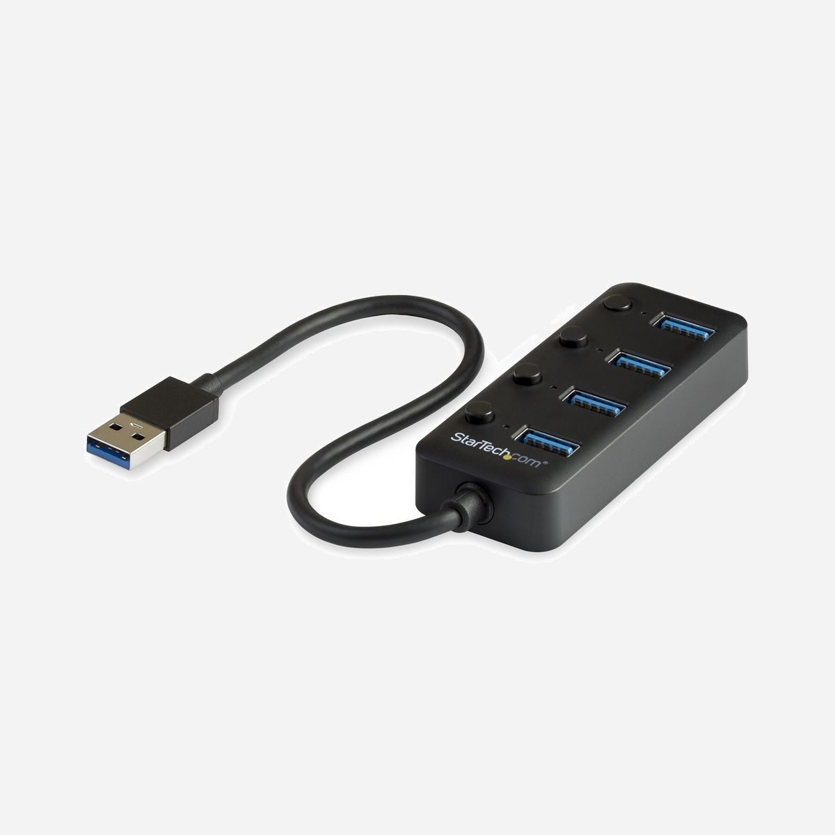 StarTech.com Hub USB 3.0 4 Ports USB-A vers 4x USB 3.0 Type-A, SuperSpeed USB 3.2 Gen 1 (5Gbps), Interrupteur On/Off par Port, Chipset VIA/VLI VL817 - Hub USB 3.0 vers USB portable | Alimenté par bus | USB 3.2 Gen 1<br/><br/>Ce hub USB 3.0 portable vous offre une solution facile pour ajouter quatre ports USB 3.0 Type-A à votre ordinateur portable, avec des interrupteurs individuels pour économiser de l'énergie. L'extendeur de port USB se branche facilement sur le port USB Type-A de votre ordinateur portable. Il est en outre alimenté par bus pour une portabilité optimale.<br/><br/>Connectez vos appareils USB actuels<br/><br/>Utilisez vos appareils USB 3.0 existants comme les clés USB, les souris, les claviers et les disques durs externes. Le hub USB 3.2 Gen 1, 4 ports permet d'étendre le port USB Type-A de votre ordinateur et de mettre à disposition quatre ports USB 3.2 Gen 1 (Type-A). Il est rétrocompatible avec vos anciens appareils USB 2.0.<br/><br/>Interrupteurs marche/arrêt individuels<br/><br/>Chaque port sur le hub USB 3.0 dispose de son propre interrupteur afin que vous puissiez désactiver les appareils lorsqu'ils ne sont pas utilisés. Ainsi, vous pouvez mieux gérer la consommation énergétique de vos appareils USB, sans avoir à débrancher physiquement l'appareil ou le câble.<br/><br/>Conçu pour la mobilité<br/><br/>La conception compacte et légère de ce hub permet de le transporter partout très facilement. Le hub USB vers USB polyvalent est alimenté par bus. Par conséquent, nul besoin d'adaptateur d'alimentation externe. Vous pouvez voyager léger en emportant moins de câbles.<br/><br/>Plug-and-play<br/><br/>Le hub USB 3.0 4 ports s'installe automatiquement dès le branchement pour que vous puissiez l'utiliser au bout de quelques secondes seulement.<br/><br/>The StarTech.com Advantage<br/>