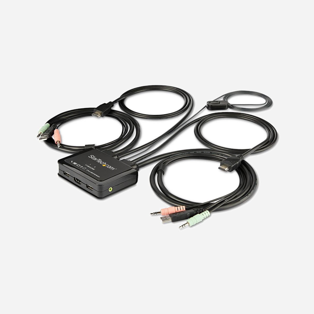 StarTech.com Commutateur KVM 2 ports HDMI 4K 60Hz USB avec Audio 3.5mm SV211HDUA4K, résolution max 3840x2160, compatible Windows/macOS - Switch KVM avec audio | Entrée et sotie audio 3,5 mm |HDMI | Alimenté par USB<br/><br/>Grâce au câble commutateur KVM à 2 ports HDMI 4K à 60 Hz SV211HDUA4K avec contrôle de commutation audio et à distance, vous pouvez contrôler deux ordinateurs HDMI équipés d'un port USB avec un seul écran, un clavier, une souris et un jeu de périphériques audio.<br/><br/>Prise en charge complète audio et images 4K60<br/><br/>Le commutateur KVM double HDMI prend en charge des résolutions jusqu'à 4K à 60 Hz et peut facilement gérer un grand écran HDMI pour une zone d'affichage maximale. Avec la prise en charge d'un son stéréo 3,5 mm séparé, le commutateur KVM offre une compatibilité audio complète entre les ordinateurs connectés.<br/><br/>Indépendant du système d'exploitation<br/><br/>Bien qu'il prenne en charge la plupart des systèmes d'exploitation; ce commutateur KVM HDMI est indépendant du système d'exploitation; ce qui signifie qu'il fonctionne avec les ordinateurs Mac (un adaptateur peut être nécessaire) et tous les autres ordinateurs portables ou tablettes.<br/><br/>Facile à utiliser<br/><br/>Le commutateur comprend un bouton-poussoir à distance sur un câble intégré de 1,5 mètre qui peut être placé à un endroit facilement accessible, ainsi que des raccourcis clavier et un logiciel compatible PC ou Mac® facilitant le passage d'un système à l'autre.<br/><br/>Commutateurs et consoles KVM StarTech.com<br/><br/>StarTech.com offre un large choix de commutateurs KVM et de produits pour KVM haute qualité, afin de vous aider à accéder à vos systèmes plus efficacement, sans les dépenses et l'encombrement d'un clavier, d'une souris et d'un écran supplémentaires.<br/><br/>The StarTech.com Advantage<br/>