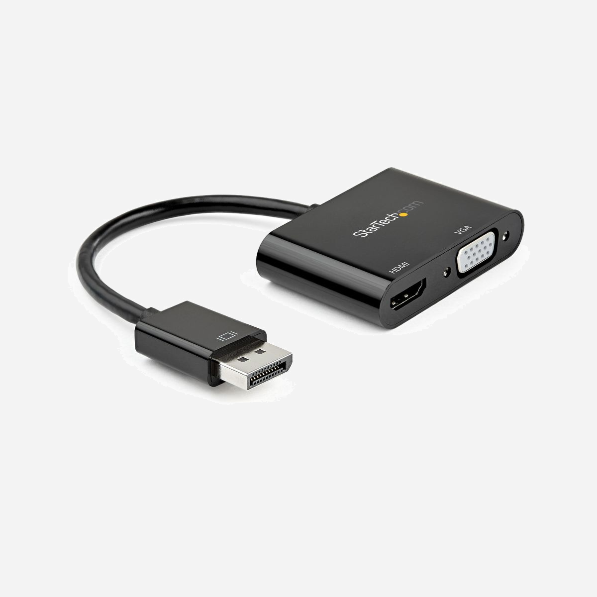 StarTech.com Adaptateur DisplayPort 1.2 vers HDMI 2.0/VGA, 4K 60Hz, HDCP 1.4/2.2, ITE Tech IT6564, Support HDR, Noir, Windows/macOS - 2 en 1 Video Adapter - Mac & Windows® - HDR<br/><br/>Cet adaptateur VGA DisplayPort vers HDMI offre une solution portable pour connecter votre ordinateur portable DP à un écran VGA ou HDMI . L'adaptateur prend en charge le HDR (High Dynamic Range) et fournit des images plus nettes avec une vidéo améliorée.<br/><br/>Connectivité vidéo 2-en-1, idéale pour voyager<br/><br/>Ne vous encombrez plus de multiples adaptateurs grâce à cet adaptateur vidéo DisplayPort 2-en-1. Doté de sorties VGA et HDMI , ce convertisseur vidéo multiport vous permet de connecter facilement votre ordinateur portable à n'importe quel écran doté d'un port HDMI ou VGA.<br/><br/>Grâce à son design compact et léger, cet adaptateur de voyage se glisse facilement dans la sacoche de votre ordinateur portable, ce qui en fait l'outil idéal pour les professionnels en déplacement.<br/><br/>Qualité d'image 4K remarquable<br/><br/>La sortie HDMI de cet adaptateur vidéo DisplayPort vous permet d'exploiter les capacités vidéo intégrées à la connexion DP de votre ordinateur, afin de bénéficier de la qualité d'image remarquable de l'UHD de votre écran HDMI 4K à 60 Hz . En outre, la sortie VGA prend en charge les résolutions HD allant jusqu'à 1920 x 1080, ce qui évite tout compromis en termes de qualité d'image lorsque vous êtes connecté à un moniteur VGA ou à un projecteur VGA.<br/><br/>La prise en charge HDR vous permet de profiter d'images réalistes avec un contraste, une luminosité et des couleurs accrus et une luminosité supérieure à l'imagerie numérique standard.<br/><br/>Configuration simplifiée<br/><br/>Ce dongle DP (mâle) vers HDMI (femelle) et VGA (femelle) ne nécessite aucun logiciel ni pilote supplémentaire, et prend en charge l' installation plug-and-play pour une expérience conviviale . Il vous permet d'effectuer vos présentations dans pratiquement n'importe quelle salle de conférence et de faire une excellente première impression.<br/><br/>The StarTech.com Advantage<br/>