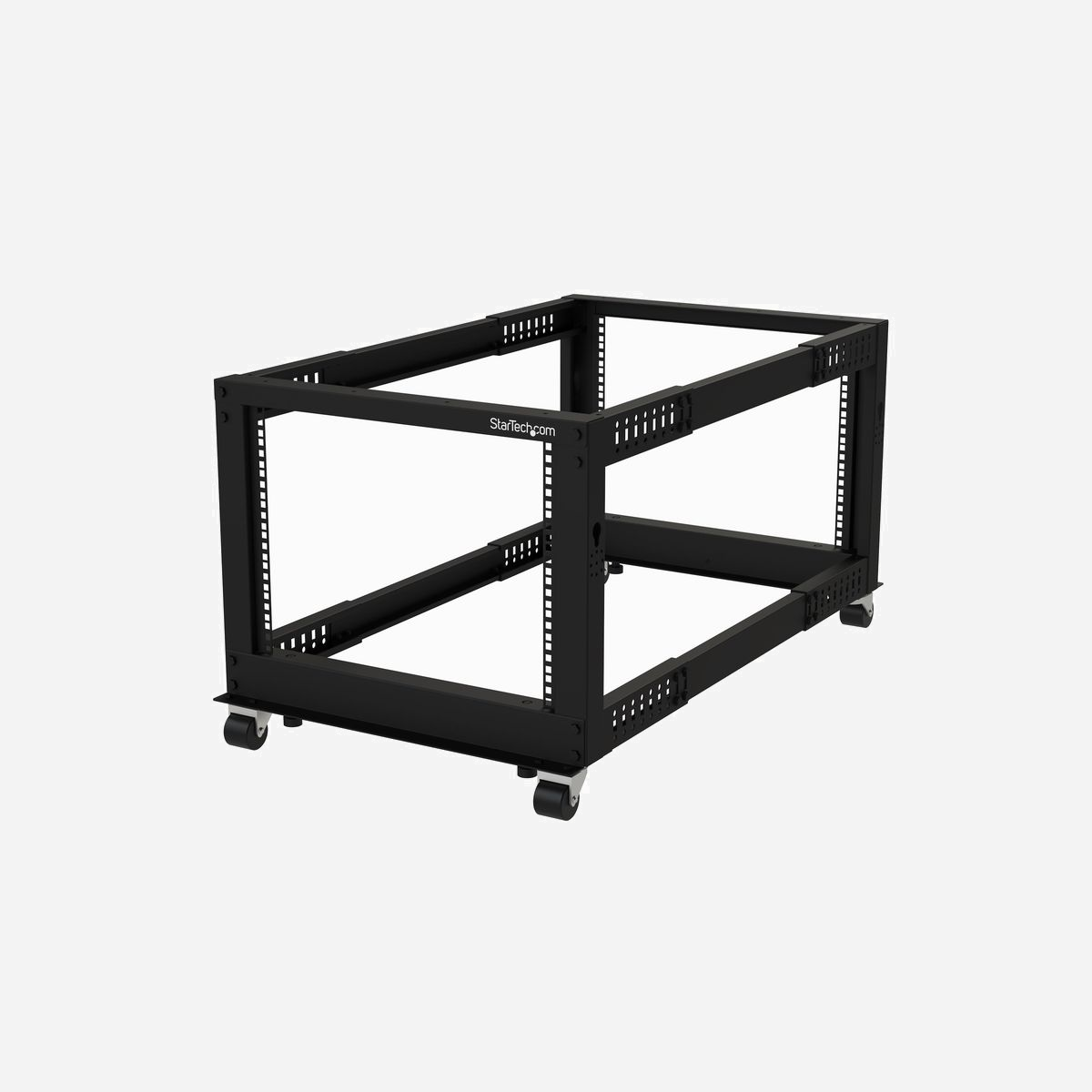 StarTech.com Rack Serveur Mobile 8U 4 Montants 19" Réglable (56-100cm), Charge 544kg, Acier, Roulettes, Pieds, EIA/ECA-310-E, 4POSTRACK8U - Rack pour équipement informatique | Profondeur de montage réglable de 56,0 à 101,7cm | Roulettes | Pieds de mise à niveau | Crochets de gestion des câbles<br/><br/>Ce rack à cadre ouvert 8U vous permet de stocker vos serveurs, votre réseau et vos équipements de télécommunication dans un rack à cadre ouvert robuste et réglable en profondeur.<br/><br/>Assemblage facile<br/><br/>Conçu pour être facile à utiliser, ce rack 8U 4 montants comprend des inscriptions faciles à lire pour les unités de racks (U) et pour la profondeur, avec de nombreux réglages possibles lors du montage (56,0 à 101,7 cm (20-40")) qui permettent d'adapter facilement le rack de serveur ajustable à votre équipement.<br/><br/>Conception durable<br/><br/>Ce rack de serveur autoportant durable prend en charge une capacité de charge statique pouvant atteindre 544 kg et un poids de roulement portable de 300 kg. Le rack est également conforme à la norme EIA/ECA-310 de par sa conception universelle compatible avec la plupart des équipements de rack d'équipement de réseau.<br/><br/>Afin de vous offrir une solution complète de stockage sur serveur qui vous permettra de gagner du temps et d'éviter les complications, ce rack de serveur mobile comprend des accessoires en option tels que des roulettes, des pieds réglables et des crochets de gestion des câbles. La base est également prépercée afin de fixer solidement le rack au sol si nécessaire, ce qui vous offre une meilleure stabilité tout en étant autoportant.<br/><br/>Recommandé par les professionnels de l'informatique depuis 1985<br/><br/>StarTech.com effectue des tests de compatibilité et de performance approfondis sur tous nos produits pour s'assurer que nous respectons ou dépassons les normes du secteur et que nous fournissons des produits de haute qualité aux professionnels de l'informatique. Forts d'une vaste expertise des produits, nos conseillers techniques StarTech.com locaux travaillent directement avec nos ingénieurs de StarTech.com pour fournir une assistance à nos clients avant et après la vente.<br/><br/>The StarTech.com Advantage<br/>