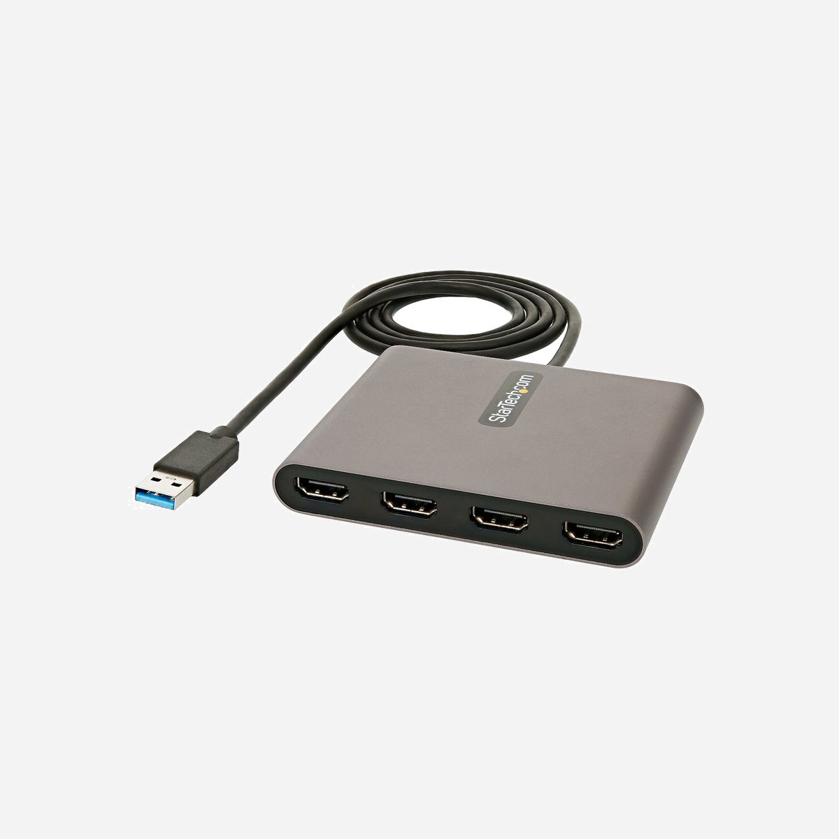 StarTech.com Adaptateur USB 3.0 vers Quad HDMI - Résolution 1080p 60Hz - Chipset Trigger T6-688SL, IT66121 - Compatible Windows - USB Type-A Mâle - Adaptateur Vidéo USB 3.0 Externe | 4x 1080p | Quadruple Écrans<br/><br/>Cet adaptateur USB 3.0 vers HDMI® vous permet d'étendre votre bureau en ajoutant quatre écrans ou moniteurs HDMI indépendants à votre ordinateur portable ou de bureau à l'aide d'un seul port USB Type-A.<br/><br/>Optimisez votre productivité<br/><br/>Cet adaptateur USB-A vers 4 ports HDMI possède quatre sorties vidéo pour booster votre productivité en augmentant votre espace de travail sur écran. En travaillant sur plusieurs écrans, vous avez la liberté d'accéder à de multiples applications en même temps et de consulter des informations sur un écran tout en travaillant sur l'autre. Utilisez l'adaptateur multi-écran USB vers HDMI pour étendre ou dupliquer vos écrans.<br/><br/>Audio et vidéo haute définition<br/><br/>Tirant parti de l'interface USB 3.0, ce dongle adaptateur pour quatre écrans offre des résolutions haute définition maximales de 1920 x 1080 (1080p) sur les quatre ports. L'adaptateur prend également en charge l'audio à 2 canaux en HDMI.<br/><br/>Installation facile<br/><br/>Le convertisseur d'adaptateur d'affichage USB Type-A vers HDMI est équipé d'un câble USB-A de 1 m inclus, qui augmente la distance entre l'adaptateur et votre périphérique hôte, pour une configuration flexible. Il prend également en charge l'installation automatique de pilotes, garantissant une grande facilité d'utilisation.<br/><br/>L'adaptateur vidéo externe est alimenté par bus, sans exiger d'alimentation externe.<br/><br/>Logiciel Multi-Monitor Assistant<br/><br/>L'application Multi-Monitor Assistant fournit une interface utilisateur facilitant le travail en multitâche, vous permettant de passer rapidement d'un écran à l'autre. Cette application offre des fonctionnalités supplémentaires, aidant les utilisateurs à réaliser diverses tâches, comme le déplacement d'éléments par glisser-disposer, le zoom, la mise à l'échelle fractionnée et la mise en cascade de fenêtres vers l'écran principal.<br/><br/>Remarque :<br/><br/>L'adaptateur ne peut dupliquer que deux écrans supplémentaires.<br/><br/>The StarTech.com Advantage<br/>