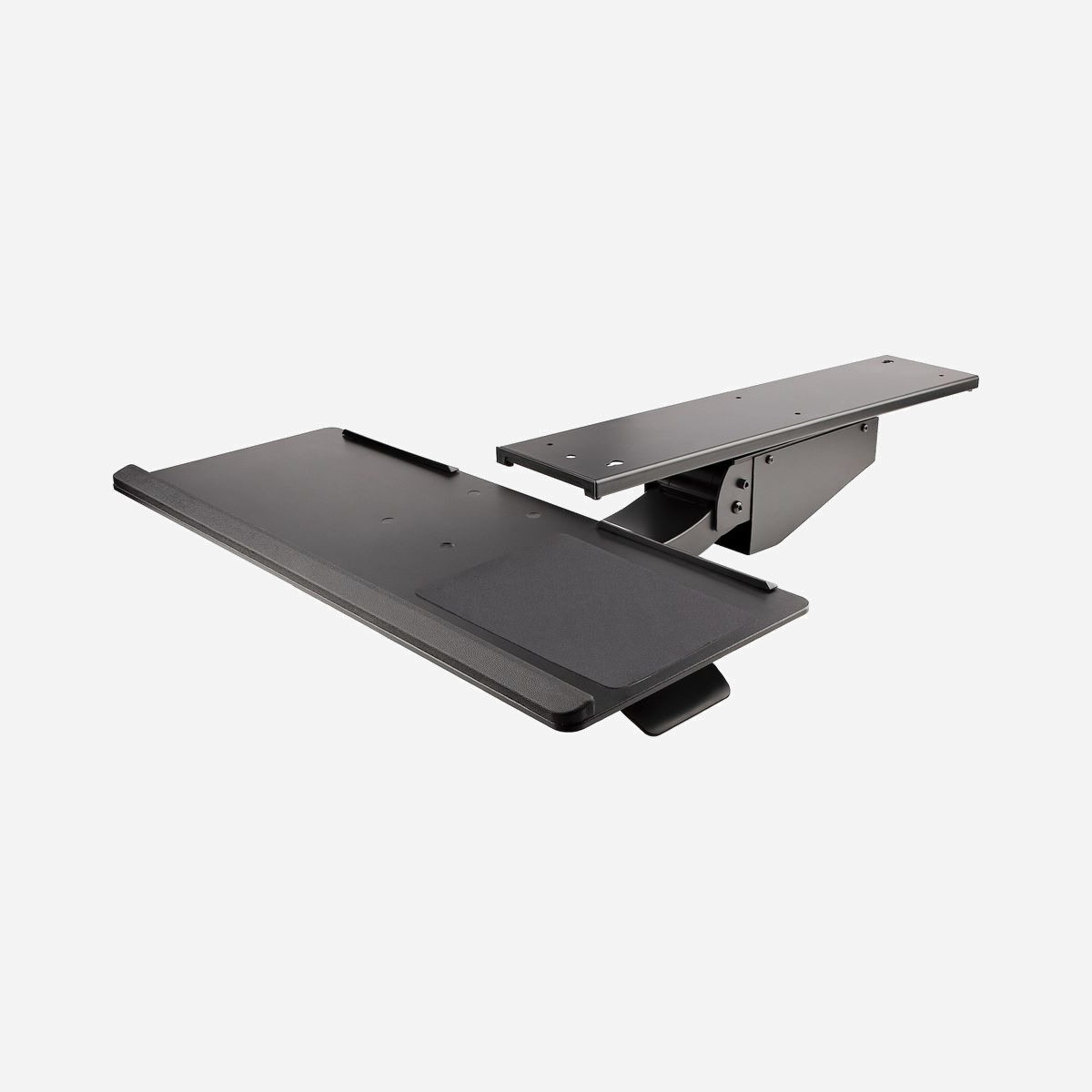 StarTech.com Support Clavier Coulissant KBTRAYADJ2 - 670x255mm, Ajustable Hauteur 340mm, Pivotement ±180°, Inclinaison +15°/-13°, Acier, Charge 2kg - Support Clavier Coulissant sous Bureau | Réglable | Tapis Repose-Poignets Souris<br/><br/>Ce support pour clavier sous le bureau rendra vos journées de travail plus agréables, en assouplissant la pression sur vos poignets et vos bras. Il vous fera en outre gagner un espace précieux.<br/><br/>Conception stable et spacieuse<br/><br/>Le support pour clavier propose une surface amplement suffisante (670 mm de largeur et 255 mm de profondeur) pour accueillir votre clavier et votre souris. Sa conception de qualité, avec sa prise en charge de poids jusqu'à 2 kg, offre une plate-forme stable qui empêche le plateau de bouger pendant que vous utilisez votre clavier.<br/><br/>Grande flexibilité de mouvement pour un confort optimal<br/><br/>Le design ergonomique de ce support pour clavier, qui comprend un repose-poignet intégré (670 mm x 28 mm x 12 mm), offre une grande flexibilité de réglage qui permet de réduire l'inconfort et les blessures liées au travail. Il vous permet de trouver une position idéale pour vos bras et vos épaules pendant que vous tapez, vous donnant ainsi un gain de productivité au cours de votre journée.<br/><br/>Réglez facilement le plateau du clavier à ressort vers le bas ou vers le haut à l'aide de la palette de réglage de la hauteur, avec une plage totale de 340 mm pouvant être verrouillée à n'importe quelle position. Vous pouvez faire coulisser le support pour clavier vers l'intérieur ou l'extérieur de votre bureau pour trouver votre position idéale. Pour plus de confort, ajustez simplement le levier de réglage latéral pour incliner le support pour clavier de +15°/-13°. Vous pouvez même déplacer latéralement le support pour clavier, grâce à un pivotement de +180°/-180°.<br/><br/>Le support pour clavier sous le bureau représente un gain d'espace notable. La conception montée sur rail vous permet de le glisser sous votre bureau lorsque vous ne l'utilisez pas, ou de le tirer jusqu'à 470 mm du bord du bureau.<br/><br/>Installation simple<br/><br/>The StarTech.com Advantage<br/>