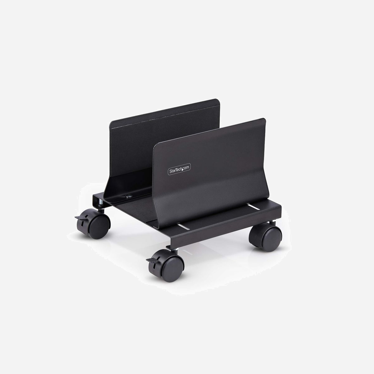 StarTech.com CPUMOBILESTND - Support Mobile CPU Tower, Réglable 132-220mm, Charge 21kg, Acier, 4 Roues, Montage Vissé, Noir, Dimensions 260x257x270mm - Optimisez votre espace de travail en installant votre unité centrale dans ce chariot mobile réglable<br/><br/>Ce support mobile pour tour d'ordinateur offre une base sécurisée et mobile pour un ordinateur de bureau. Le chariot permet un accès complet à l'avant et à l'arrière d'une tour CPU et garantit une circulation d'air optimale. La construction en acier durable, combinée avec des coussinets antidérapants protecteurs, protège votre châssis CPU des dommages, en faisant une solution fiable pour les applications de poste de travail.<br/><br/>Ajustement sans outil<br/><br/>Régler la largeur du support est facile grâce à l'ajustement sans outil. Utilisez les écrous à ailettes sur le bas de la base pour élargir le support de 132 à 220 mm. Cette flexibilité permet au support mobile d'accommoder différentes tailles de boîtiers, y compris les batteries de secours UPS, offrant un ajustement personnalisé pour l'appareil installé.<br/><br/>Gagnez de l'espace<br/><br/>Maximisez l'espace sur votre bureau en déplaçant votre ordinateur de bureau sur le chariot mobile. Les roulettes à la base permettent un positionnement sans effort où cela est nécessaire, et les freins assurent qu'il reste bien en place. Avec une capacité de poids maximale de 21 kg, ce chariot est conçu pour supporter l'équipement tout en gardant l'espace de travail organisé.<br/><br/>Accès facile à l'ordinateur<br/><br/>Bénéficiez d'un accès facile aux baies de disques, aux ports périphériques et aux câbles de votre PC avec le chariot mobile ajustable sous le bureau. Le processus de montage rapide, nécessitant seulement trois composants principaux, et l'inclusion de tout le matériel nécessaire rendent l'installation simple et directe. Ce design pratique garde votre technologie facilement accessible.<br/><br/>The StarTech.com Advantage<br/>