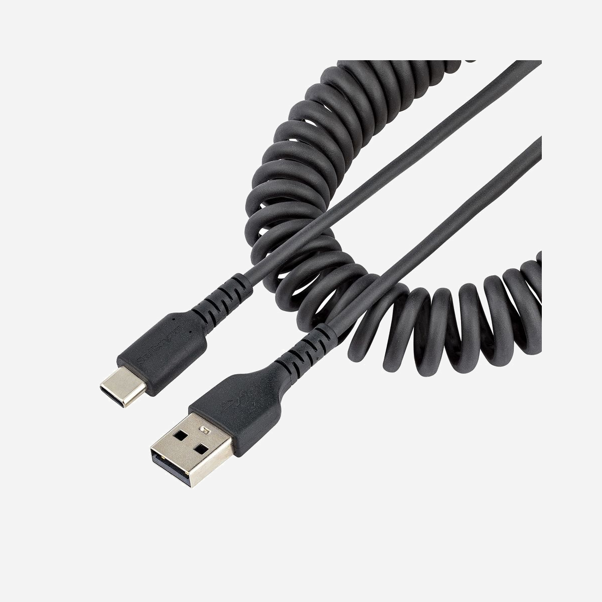 StarTech.com R2ACC-50C-USB-CABLE : Câble USB-A vers USB-C 2.0 Spiralé 50cm, Renforcé Aramide, M/M, 3A, 480 Mbit/s, Noir, AWG 32/22. - Câble de charge USB A à C 50cm, câble spiralé durable<br/><br/>Ce câble USB A vers USB C spiralé de 50 cm peut résister aux demandes quotidiennes de chargement et de synchronisation de vos appareils mobiles. Il se contracte jusqu'à atteindre 32 cm, ce qui le rend compact et pratique à ranger.<br/><br/>Construit pour une utilisation quotidienne<br/><br/>Le câble de chargement USB A vers USB C durable est doté d'un renfort en fibre aramide qui le met à l'abri du stress des courbures fréquentes. Cela permet également au câble de fléchir sans trop s'étirer ou endommager l'âme du câble.<br/><br/>La décharge de traction flexible<br/><br/>Le câble USB A vers USB C est construit pour empêcher le connecteur de se séparer de la gaine. Le moulage extra-long de la décharge de traction est testé pour résister à plus de 5 000 cycles de flexion à un angle de 180°.<br/><br/>Connexion supérieure<br/><br/>Le câble durable prend en charge toutes les spécifications USB 2.0 offrant une connexion fiable pour tous vos appareils USB-C. Il prend en charge jusqu'à 3A pour la recharge de vos appareils compatibles USB C.<br/><br/>The StarTech.com Advantage<br/>