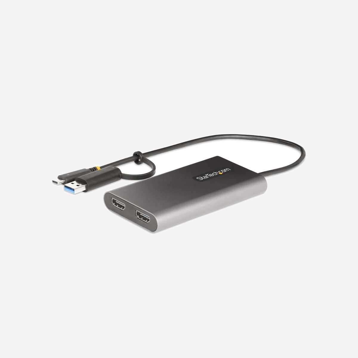 StarTech.com Adaptateur USB-C/A vers Dual HDMI 4K 60Hz, Power Delivery 100W, Chipset DisplayLink DL-6950, Windows/macOS/Ubuntu/ChromeOS, Câble 30cm - Double Sortie HDMI 4K 60Hz - Dongle USB-C vers USB-A Intégré<br/><br/>Connectez deux écrans HDMI 4K 60Hz au port USB Type-C ou Type-A d'un ordinateur portable/de bureau, à l'aide de cet adaptateur USB-C vers Dual-HDMI.<br/><br/>Power Delivery Pass-Through<br/>L'adaptateur vidéo USB est doté de la fonction USB Power Delivery (PD) 3.0 pass-through (jusqu'à 100W), permettant l'alimentation et la charge d'un ordinateur portable lorsqu'il est connecté à un adaptateur d'alimentation USB-C. L'adaptateur fonctionne sur l'alimentation du bus USB lorsqu'aucun adaptateur d'alimentation USB-C n'est connecté. PD 3.0 dispose de la fonction Fast Role Swap (FRS) qui empêche l'interruption des données USB lorsque l'alimentation USB-C est déconnectée et que l'adaptateur bascule sur l'alimentation du bus USB.<br/><br/>Résolution 4K 60Hz certifiée DisplayLink<br/><br/>L'adaptateur USB multi-moniteur est certifié DisplayLink et prend en charge les résolutions vidéo 4K 60Hz hautes performances à double moniteur grâce à un contrôleur DisplayLink DL-6950 intégré.<br/><br/>Compatibilité complète<br/><br/>L'adaptateur vidéo USB est compatible avec Windows, macOS, Ubuntu et Chrome OS. L'adaptateur intégré USB-C vers USB-A permet la flexibilité de se connecter à n'importe quel hôte qui exécute un système d'exploitation compatible. Le câble USB-C/A intégré de 30 cm est idéal pour une utilisation nomade. La longueur du câble et les décharges de tension réduisent la tension du connecteur/port.<br/><br/>The StarTech.com Advantage<br/>