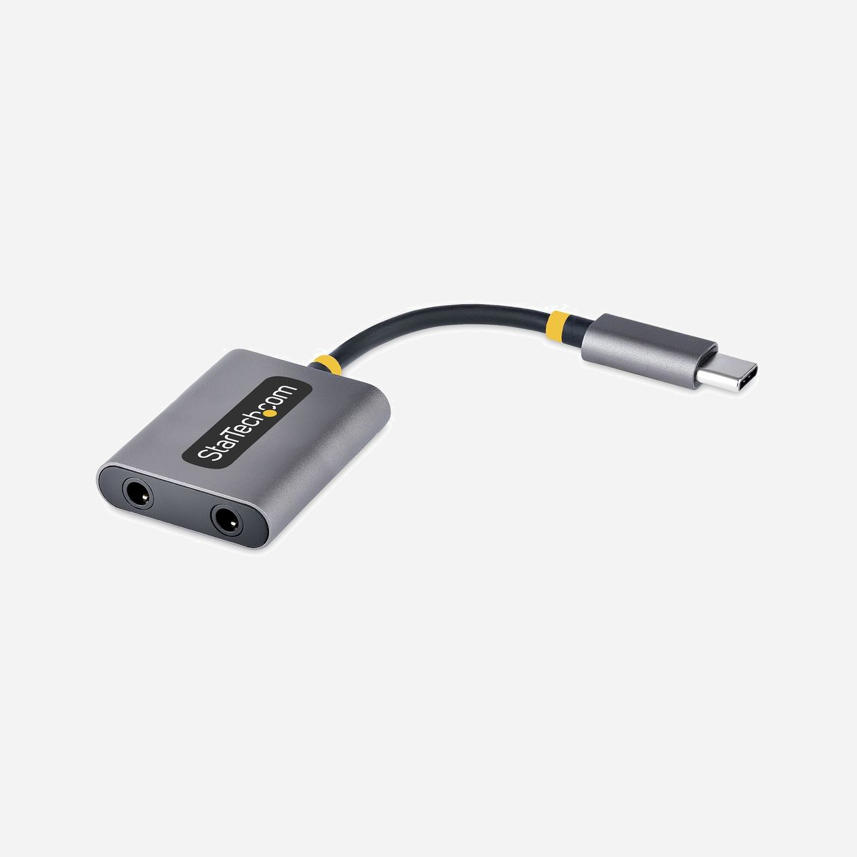 StarTech.com USBC-AUDIO-SPLITTER : Adaptateur USB-C vers double jack 3.5mm, DAC 24 bits/192kHz, support micro, câble 7cm, connecteurs plaqués aluminium - Connectez 2 Dispositifs Micro/Audio de 3.5 mm à un Dispositif USB Type-C<br/><br/>USBC-AUDIO-SPLITTER permet de réaliser deux connexions audio de 3,5 mm, grâce à ce répartiteur de casque USB-C. Les deux ports de 3,5 mm sont capables de transmettre des signaux de sortie audio stéréo et d'entrée de microphone. Les ports de 3,5 mm acceptent les connecteurs TRRS de 3,5 mm à 4 conducteurs de position.<br/><br/>Contrôle micro/contrôle audio stéréo sur les ports 3,5 mm<br/><br/>Connectez deux casques d'écoute au même port USB-C. L'entrée micro est prise en charge sur les deux casques, offrant une solution pratique pour les formations d'équipe et les appels de conférence. L'adaptateur prend en charge deux types de casques CTIA ou deux types de casques OMTP permettant une compatibilité universelle.<br/><br/>Audio sans perte avec un casque à haute impédance<br/><br/>Le dongle de casque USB-C est doté d'un convertisseur numérique-analogique (DAC) 24 bits intégré. Le DAC prend en charge un taux d'échantillonnage allant jusqu'à 192 kHz pour une qualité et des performances sans compromis.<br/><br/>Conception portative<br/><br/>L'adaptateur USB-C vers double audio est petit et léger, parfait pour les professionnels qui sont fréquemment en déplacement. Il est construit à partir de matériaux de haute qualité. Dispose d'un câble intégré de 7cm pour plus de flexibilité. Fournit une solution audio fiable et abordable pour les appareils USB-C qui ne disposent pas d'une entrée de 3,5 mm.<br/><br/>The StarTech.com Advantage<br/>