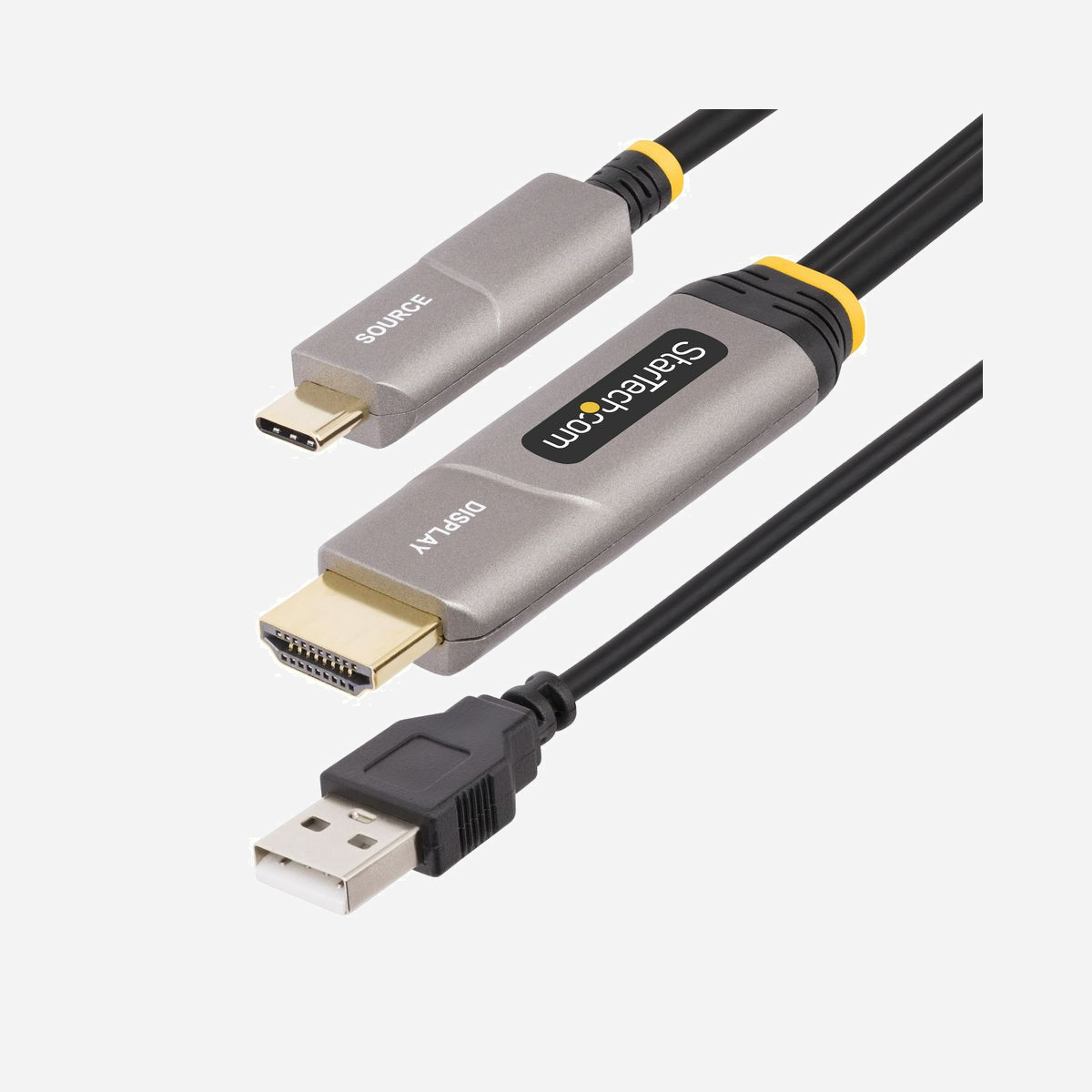 StarTech.com Câble Optique Actif USB-C vers HDMI 2.1 15.2m, 4K 60Hz HDR10, HDCP 1.4/2.2, Mode DP Alt, Alimentation USB, PVC, Noir - Connecter une source vidéo USB-C à un écran HDMI, avec prise en charge de la vidéo HDR<br/><br/>Connectez un écran HDMI 4K 60Hz à une source USB Type-C compatible avec le mode DP Alt jusqu'à 15,2 mètres de distance grâce à ce câble optique actif USB-C vers HDMI.<br/><br/>Conçu pour les longues distances<br/><br/>Le câble optique actif USB-C vers HDMI est conçu pour les connexions longue distance afin de surmonter les limitations des câbles en cuivre standard. Son noyau en fibre optique réduit les interférences électromagnétiques (EMI), assurant une qualité de signal optimale avec une dégradation minimale. Le blindage EMI réduit le bruit et améliore la clarté et la stabilité du signal.<br/><br/>Câble adaptateur intégré avec HDR<br/><br/>Ce câble intègre un adaptateur vidéo et un câble, minimisant les points de défaillance et les pertes de signal. Le connecteur HDMI dispose d'un câble d'alimentation USB Type-A intégré de 43,5 cm, qui doit être connecté à un port USB disponible ou à un chargeur mural USB (non inclus). La prise en charge HDR inclut RGB 8/10 bits et YCbCr 4:4:4 pour une reproduction précise des couleurs.<br/><br/>Sans pilotes ni logiciels<br/><br/>Le câble adaptateur universel ne nécessite pas de pilotes ou de logiciels supplémentaires. Compatible avec toutes les plateformes matérielles et systèmes d'exploitation; y compris Windows, macOS, ChromeOS et Linux. Ce câble adaptateur USB Type-C vers HDMI fonctionne avec les ordinateurs portables et appareils prenant en charge le mode DP Alt USB-C, USB4, Thunderbolt 3 et Thunderbolt 4.<br/><br/>Câble optique durable<br/><br/>Le câble HDMI à fibre optique multi-mode OM3 dispose d'une gaine en PVC durable, d'une protection contre les tensions et d'un amplificateur actif pour une transmission fiable sur de longues distances. Ce câble est léger, ce qui le rend facile à acheminer à travers les murs ou les passages de câbles, à ranger lorsqu'il n'est pas utilisé et à transporter si nécessaire.<br/><br/>The StarTech.com Advantage<br/>