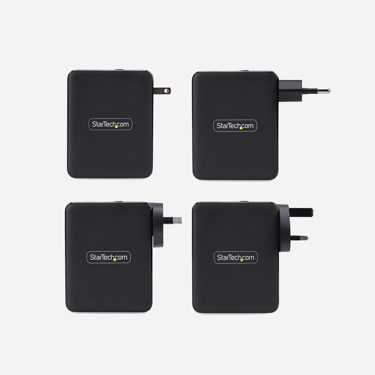 StarTech.com Chargeur Mural USB-C 140W GaN Power Delivery 3.1, 3x USB-C (140W max) & 1x USB-A (12W max), Fiches Internationales Interchangeables - Alimentez et chargez votre ordinateur portable et vos périphériques USB avec ce chargeur mural Power Delivery 3.1 de 140 W<br/><br/>Ce chargeur USB-C GaN de 140W offre une solution de charge polyvalente et puissante pour les appareils USB-C et USB-A, prenant en charge jusqu'à 140W avec PD 3.1. L'adaptateur secteur dispose de 3 ports de charge USB-C (140W max, PD 3.1) et 1 port de charge USB-A (12W max). Plus besoin de transporter des chargeurs dédiés pour votre ordinateur portable, tablette et smartphone, ce chargeur unique peut charger tous vos appareils.<br/><br/>Fonctionnement à froid et compact<br/><br/>Ce chargeur mural USB est conçu pour un refroidissement optimal, offrant une expérience de charge plus sûre et plus fiable. Alliant taille compacte et fonctionnalité puissante, l'adaptateur secteur présente une empreinte réduite (9,6 cm x 3,08 cm x 7,6 cm) et ne pèse que 358 g. Cet adaptateur adapté aux voyages combine des capacités robustes avec une portabilité facile, en faisant un compagnon idéal en déplacement.<br/><br/>Prêt pour le voyage<br/><br/>L'adaptateur secteur inclut des clips de puissance interchangeables conçus pour répondre aux normes électriques régionales, garantissant une compatibilité fiable dans plusieurs pays. Le paquet comprend quatre types de prises : la NEMA 1-15P pour l'Amérique du Nord, la BS 1363P pour le Royaume-Uni, la CEE 7/16P pour l'Europe et la AS/NZS 3112 pour l'Australie. Chaque prise est conçue pour maintenir une connexion sécurisée et se conformer aux exigences de tension et de courant de sa région respective avec une prise en charge de l'auto-commutation 100-240V. Ce système modulaire simplifie les voyages internationaux et élimine le besoin d'adaptateurs supplémentaires, offrant une solution pratique et polyvalente pour alimenter les appareils dans le monde entier. Une pochette de voyage est également incluse pour ranger soigneusement tous les clips de puissance régionaux.<br/><br/>Conçu pour une charge sécurisée<br/><br/>La sécurité et l'efficacité sont primordiales avec le chargeur USB GaN de 140W. Il est homologué TUV Safety (IEC 62368-1) et certifié FCC/ICES EMC, offrant une protection contre les surtensions, les courants et les températures. La correction active du facteur de puissance (PF >0,99) améliore l'efficacité et garantit un fonctionnement à froid. De plus, il respecte les normes DOE Niveau VI, garantissant une efficacité énergétique et des performances fiables.<br/><br/>The StarTech.com Advantage<br/>