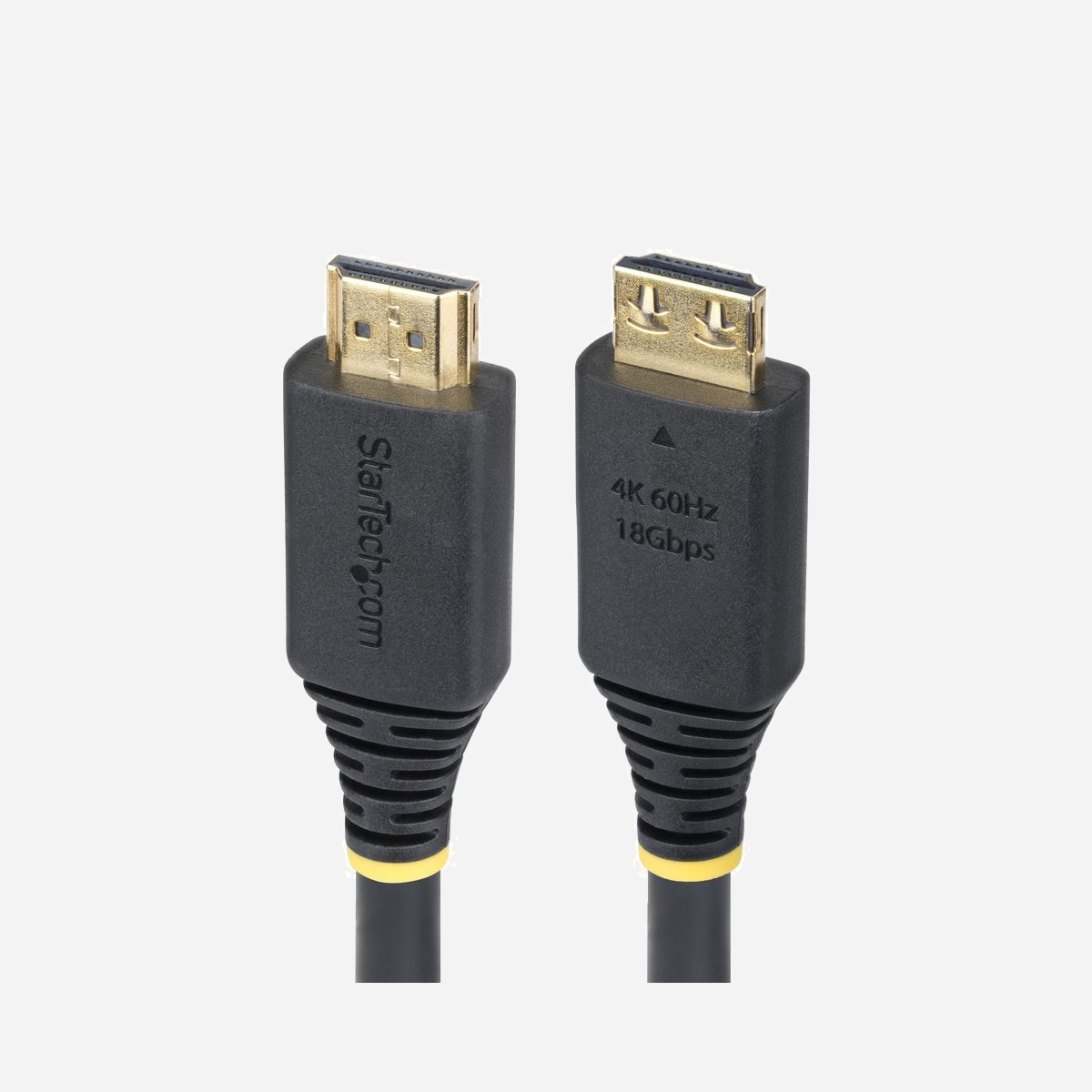 StarTech.com Câble HDMI 2.0 4.5m M/M, 4K 60Hz, 1440p 144Hz, HDR10, HDCP 2.2, ARC, 18Gbps, Gaine TPE, Connecteurs à Prise, AWG 28 - Minimisez les déconnexions accidentelles grâce à ce câble HDMI doté de connecteurs de préhension<br/><br/>Connectez-vous à un téléviseur ou moniteur 4K UHD à l'aide de ce câble HDMI haute vitesse. Les marquages sur les connecteurs permettent une identification visuelle rapide, distinguant ce câble des autres câbles HDMI similaires ou non marqués. Éliminez les suppositions et choisissez toujours le câble approprié pour prendre en charge les capacités complètes du HDMI 2.0.<br/><br/>Connecteurs avec prise améliorée<br/><br/>Le cordon HDMI UHD est équipé de connecteurs plaqués or avec une prise améliorée pour éviter les déconnexions accidentelles. Les connecteurs se fixent solidement aux ports des appareils HDMI, rendant ce câble idéal pour les installations audio/vidéo critiques telles que les systèmes de sécurité et les commutateurs HDMI.<br/><br/>Conception durable<br/><br/>Le câble HDMI pour moniteur est doté d'une gaine extérieure flexible en TPE, testée pour résister à 2 000 cycles de pliage à -/+60 degrés, et se faufile facilement autour des coins et des bords de bureau. Les renforts robustes permettent un positionnement pratique du câble. Les connecteurs plaqués or durables sont conçus pour supporter plus de 10 000 insertions.<br/><br/>Fonctionnalités HDMI 2.0 prises en charge :<br/><br/>Ce câble HDMI haute vitesse prend en charge les fonctionnalités complètes du HDMI 2.0 :<br/><br/>• Résolutions allant jusqu'à 4K 60Hz avec une source et un écran HDMI compatibles<br/>• Prend en charge des taux de rafraîchissement élevés, notamment 1440p 144Hz et 1080p 240Hz<br/>• Prise en charge du format d'image 21:9 pour une expérience cinématographique<br/>• Plage dynamique élevée (HDR10) pour un meilleur rapport de contraste et une qualité d'image vibrante<br/>• Protection de contenu numérique à large bande passante (HDCP) 2.2 pour une connexion sécurisée entre la source et l'écran<br/>• Canal de retour audio (ARC) pour envoyer l'audio de la télévision vers un récepteur AV ou une barre de son<br/>• Jusqu'à 32 canaux audio numériques non compressés<br/>• Canal Ethernet HDMI (HEC) pour la connectivité réseau via HDMI<br/>• Compatible avec les versions HDMI précédentes<br/><br/>Ce câble HDMI 2.0 est fabriqué avec un blindage en mylar d'aluminium tressé pour minimiser les interférences électromagnétiques (EMI), assurant une sortie audio/vidéo claire et constante, et une performance fiable à long terme.<br/><br/>The StarTech.com Advantage<br/>