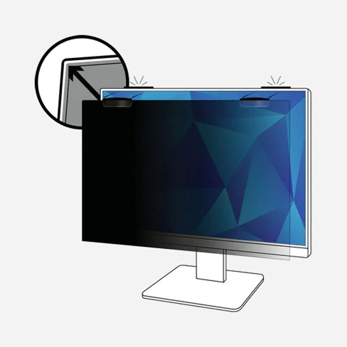 3M Filtre Confidentialité PF245W9EM : Moniteur 24.5" 16:9, Fixation Magnétique COMPLY™, Réversible Mat/Brillant, Anti-reflet, Angle de Vue 60° - Le système de fixation magnétique 3M™ COMPLY™ pour moniteurs bord-à-bord vous permet de passer rapidement d'une confidentialité de classe mondiale au partage d'écran grâce à des aimants ultra puissants qui cliquent le filtre en toute sécurité. Grace à la puissance des aimants à base de terres rares, le design moderne exclusif fixe de manière optimale le filtre de confidentialité à l'écran du moniteur, garantissant une image nette
