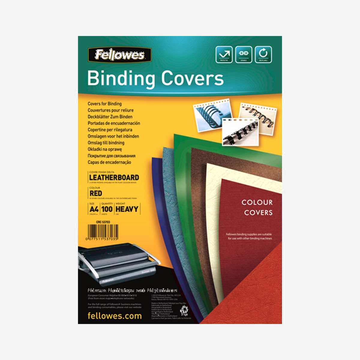 Fellowes Delta A4 Rouge - Papier Couverture 250g/m² Texture Grain Cuir - Pack 100 Feuilles - Dimensions 210x298mm - Compatible Reliure Anneaux - - À utiliser en couverture de présentation ou au dos, avec ou sans couverture transparente, pour créer un document de haute qualité au fini professionnel.<br>- Couvertures - Format A4 - Texture Grain Cuir<br>- 100% recyclable - Grammage 250g<br>- Produit fabriqué à partir de FSC® MIX<br>- Disponible en pack de 100<br>- Compatible avec toutes les machines de reliure par anneaux plastique ou métal