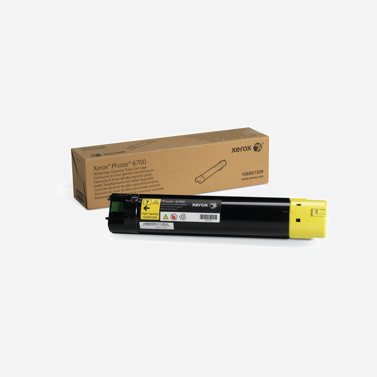 Xerox Cartouche Toner Jaune Haute Capacité 12000 pages (Phaser 6700) - Réf. 106R01509 - Technologie Laser - Fabriqué au Japon - Certifié ISO/IEC 19798 - Cartouche de toner Jaune de Grande capacité Xerox Phaser™ 6700 (12000 pages) - 106R01509 spécialement formulée et testée pour fournir la meilleure qualité d’image et une impression fiable sur laquelle vous pouvez compter page après page. Les consommables Xerox authentiques ont été conçus pour les équipements Xerox. N’acceptez aucune limite. Les toners compatibles peuvent dégrader les imprimantes Xerox, produire une qualité d’impression médiocre et affaiblir l’intensité des couleurs. Avec plus de 75 ans d’expérience, vous pouvez compter sur les consommables de marque Xerox.