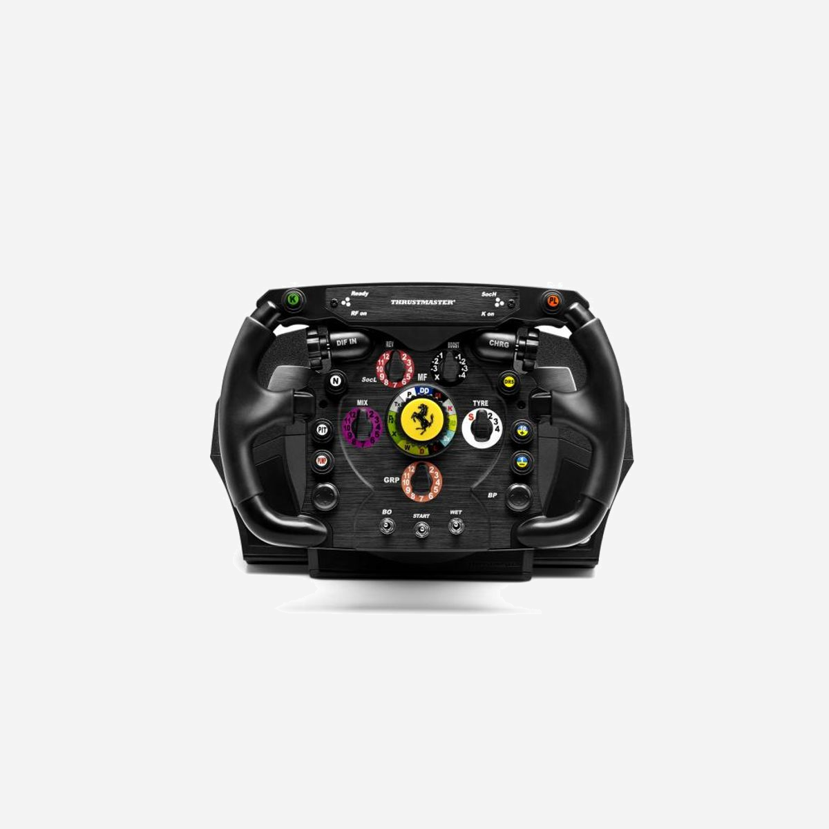 Thrustmaster Ferrari F1 Noir RF Volant Analogique PC/PS3, Palettes F1 Métal, Angle 40-1080°, Force Feedback, Technologie H.E.A.R.T., Pédalier Métal Ajustable - <b>Volant réaliste : une véritable réplique Ferrari</b><br><br>- Roue Réplique du volant de la Ferrari F1 2011 baptisé Ferrari « Ferrari 150th Italia » :<br>- Taille réelle avec plastron en métal brossé<br>- Grip texture gomme pour une prise en main réaliste et confortable<br>- Palettes F1 « Push » & « Pull » authentiques de changement de vitesses séquentielles, en métal brossé<br>- 2 Molettes rotatives (pour paramétrer votre voiture directement en course), 3 Switchs métalliques, 8 boutons d’action de qualité professionnelle et 2 D-pad à pression réalistes<br>- 2 modes de jeu possibles :<br>- Mode « Normal » compatible PC & PS3™ (avec un total de 13 boutons d’action + 3 D-pads)<br>- Mode « Avancé » compatible PC (avec un total de 25 boutons d’action + 1 D-pad)<br><br><b>Pédalier réaliste, restituant toutes les véritables sensations de pilotage</b><br><br>- Design unique(*) permettant 2 positions au choix<br>- « Type F1 ou « Type GT »<br>- 1 : Position « Suspendue » (type GT)<br>- 2 : Position « Plancher » (type F1)<br>- 100% métal pour une stabilité, un poids (> à 7Kg)<br>- et une résistance optimale<br>- 3 pédales 100% ajustables (écartement/hauteur/inclinaison)<br>- Frein avec résistance renforcé & ajustable :<br>- (Mod « Realistic Brake » inclus et amovible)<br>- Repose-pieds caillebotis métal inclus<br><br><b>Précision, Force Feedback & Angle de rotation réaliste</b><br><br>- Technologie H.E.A.R.T HallEffect AccuRate Technology™ sur la direction de la roue<br>- Volant ultra-précis avec 16 bits de résolution ! (65536 valeurs sur la direction).<br>- Précision inusable (capteur magnétique sans contact)<br>- Force Feedback avec Moteur industriel (Torque 150mNm, 3000rpm, 65W, Ø52) - Mécanisme de retour de force ultra-puissant & rapide<br>- Butée motorisée rigide pour l’angle de rotation choisi<br>- Angle de rotation ajustable de 40 à 1080° avec Butée motorisée<br>- Mécanisme à double courroie larges - Fluidité et souplesse des efforts - Système silencieux<br>- Mémoire interne et Firmware upgradable