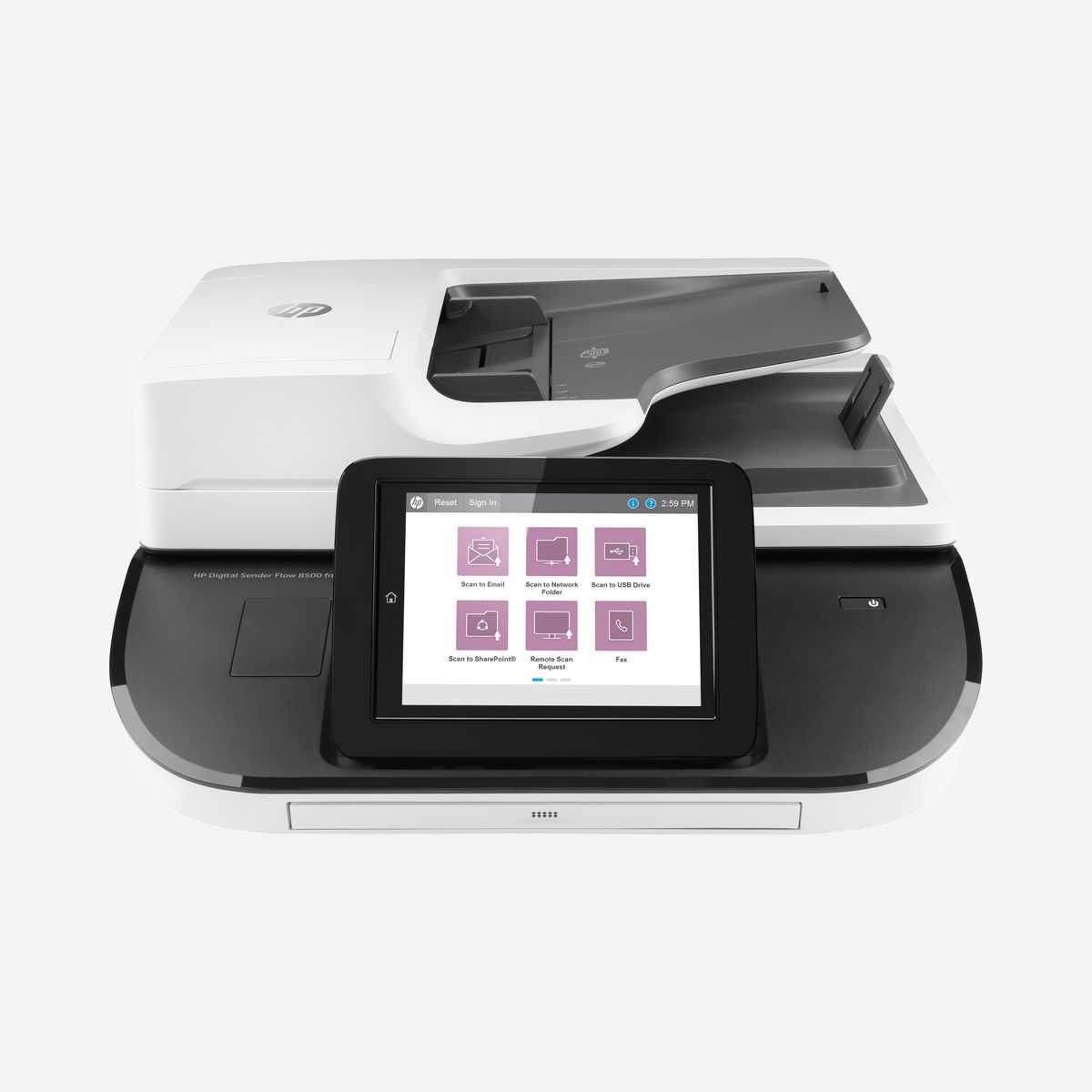 HP Flow 8500 fn2 Numériseur à Plat et ADF - 10000 pages/mois, 3584 Mo RAM, HDD 500 Go Crypté, USB/Ethernet, Chargeur 150 feuilles, Compatible Windows/macOS/Linux - <b>Numérisation rapide sans heurts, même sans surveillance</b><br><b>Numérisez rapidement des piles de papier</b><br><b>Le nouveau bourreau de travail</b><br><b>Panneau de commande tactile de 20,3 cm (8 pouces) avec clavier complet</b><br><b>Transfert de numérisations rapide en texte éditable grâce à l’OCR intégré</b><br><b>Future Smart</b><br><b>HP OXP</b><br><b>Gestion de la flotte HP Web Jetadmin</b><br><b>Disque dur HDD 500 Go crypté</b><br><b>Prise en charge de la numérisation vers la destination riche</b><br><b>Fonction d'auto-imagerie et d’édition/de traitement riche</b><br><b>Auto-imagerie intégrée et avancée</b><br><b>Gérez facilement les documents numériques</b>