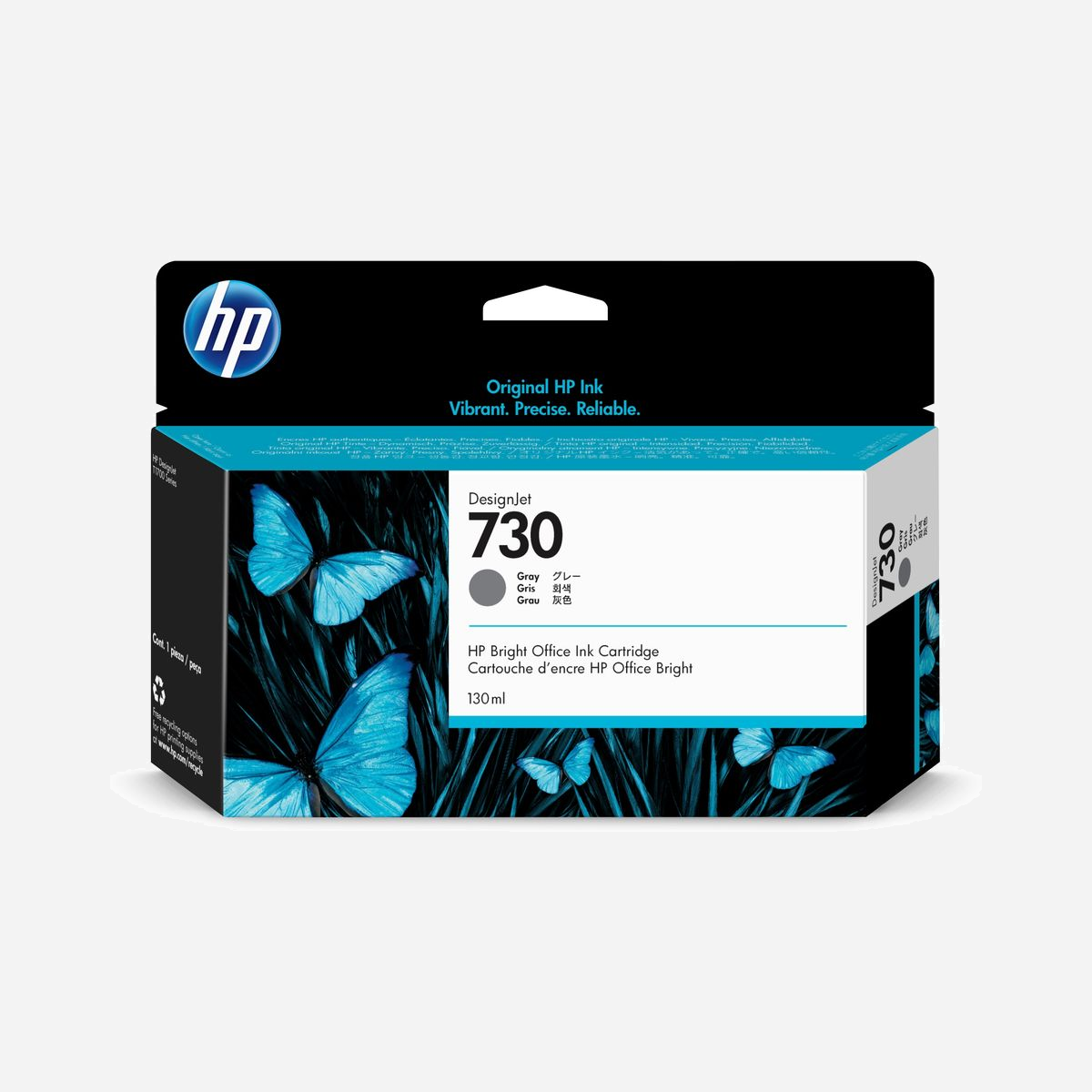 HP Cartouche DesignJet 730 Gris P2V66A - Encre à colorant 130ml - Jet d'encre - Compatibilité DesignJet T1700 - Rendement Standard - Idéales pour obtenir des traits nets et reproduire des couleurs éclatantes avec des cartes SIG et des documents techniques sur les papiers ordinaires et les supports couramment utilisés dans les applications CAO et SIG.<br>Obtenez des couleurs vives et une qualité d’image exceptionnelle sur du papier ordinaire : la solution idéale pour l’impression de documents techniques. Travaillez sans interruption avec des performances fiables et des impressions à séchage rapide. Les encres conçues par HP optimisent la durée de vie des têtes d’impression et contribuent à réduire le coût de possession.