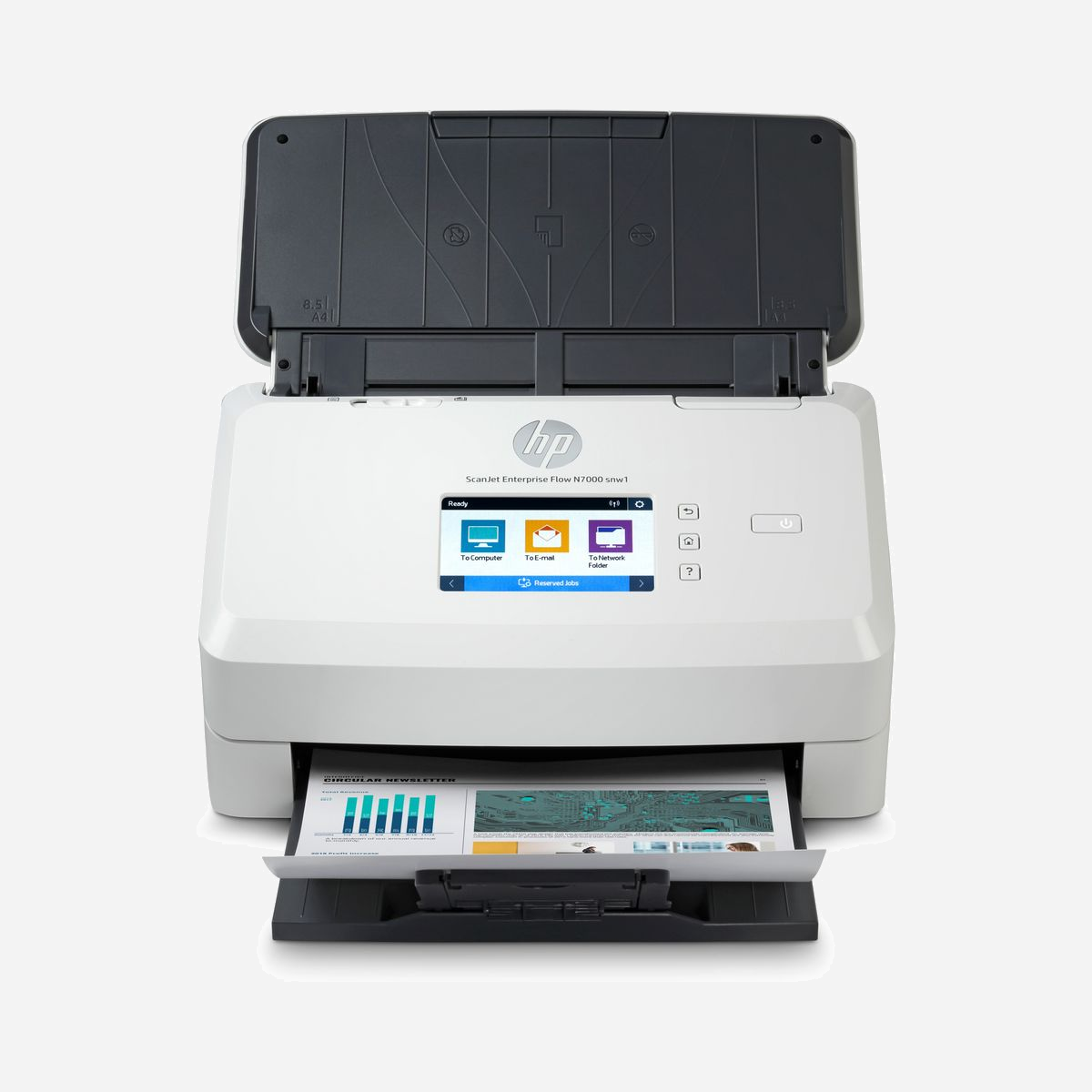 HP Scanjet Enterprise Flow N7000 - Scanner A4 Alimentation Papier 600 DPI, Ecran Tactile 7.1cm, Wi-Fi, Ethernet, Mémoire 1Go, Numérisation Recto-Verso - HP Scanjet Enterprise Flow N7000. Surface maximal de numérisation: 216 x 3098 mm, Résolution de numérisation optique: 600 x 600 DPI, Profondeur d'affichage d'entrée de couleur: 48 bit. Type de scanner: Alimentation papier de scanner, Couleur du produit: Blanc, Taille de l'écran: 7,11 cm (2.8"). Type de capteur: CMOS CIS, Cycle de fonctionnement par jour (max): 7500 pages, Source lumineuse: LED. Capacité du chargeur automatique de documents: 80 feuilles. Taille de papier de série A ISO maximum: A4, Prise en charge des types de numérisation de support: Carte de visite, Grammage du support, chargeur automatique de documents: 43 - 350 g/m²