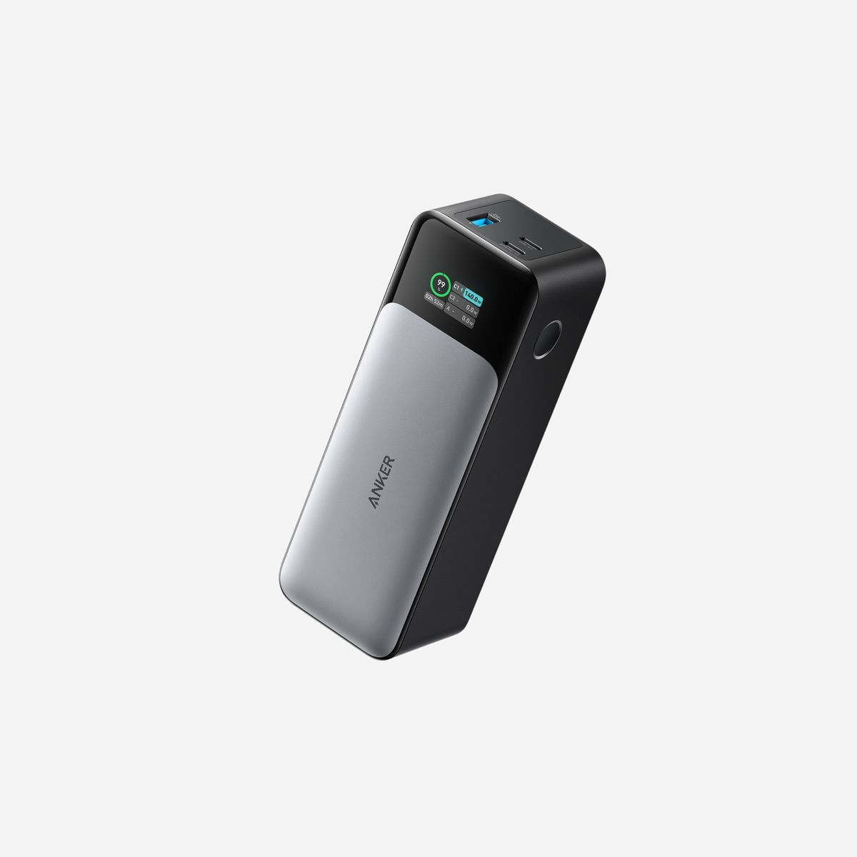 Anker 737 Power Bank 24000 mAh 1x USB-A, 2x USB-C 140W Noir/Argent, écran intégré, compatible Mobile/Laptop/Netbook, 155.7x54.6x49.5mm, 632g - Anker 737. Capacité de la batterie: 24000 mAh. Ports de sortie USB de type A: 1, Quantité de ports USB de type C: 2. Puissance de sortie totale: 140 W. Couleur du produit: Noir, Argent