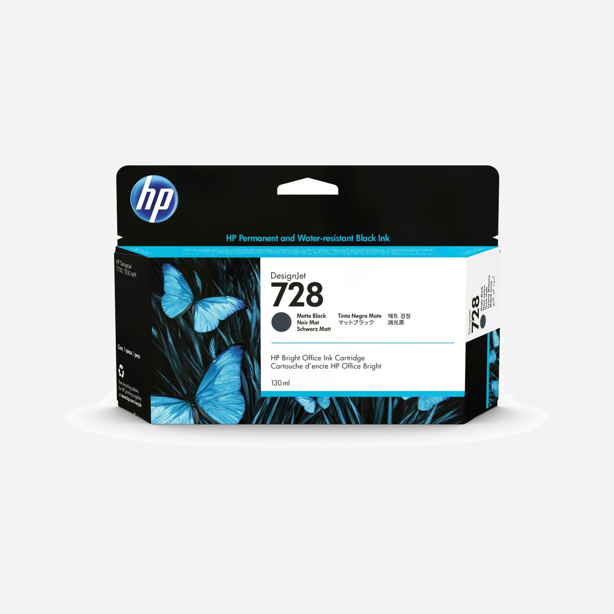 Cartouche d'encre HP 728 Noir Mat 130ml (3WX25A) DesignJet - Encre à colorant/pigments - Compatibilité DesignJet T730/T830 - Rendement Standard - Idéal pour les groupes de professionnels de conception et les équipes d'ingénierie produisant des applications de CAO et d'usage général.<br>Obtenez facilement des résultats nets et précis. Conçues avec votre imprimante/imprimante multifonction HP DesignJet pour former un système d'impression optimisé, les encres conçues par HP vous aident à réduire les temps d'arrêt et à améliorer la productivité. Choisissez parmi les tailles de cartouche de 40 ml à 300 ml en fonction de vos besoins.