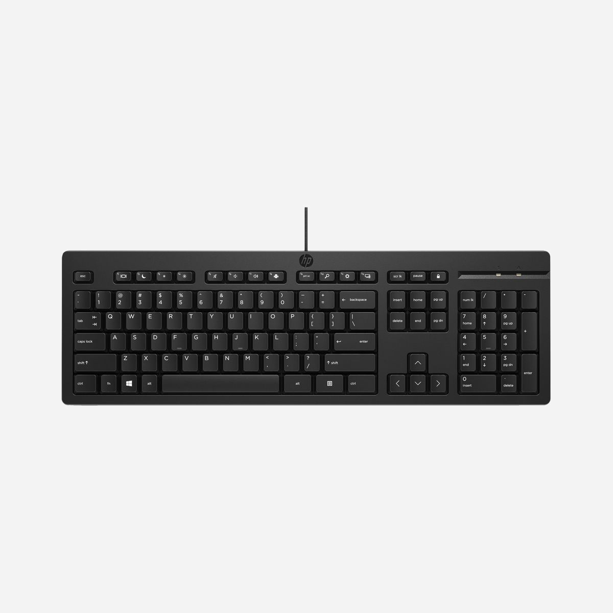 HP Clavier Filaire 125 USB Noir, Clavier à Membrane Taille Réelle (100%), Pavé Numérique, Dimensions 436x138x20.5mm, Poids 80g, Réf: 266C9AA - Productivité quotidienne<br>Vous utilisez beaucoup votre clavier. C’est pourquoi nous avons pris le temps de concevoir un clavier confortable à utiliser pour une bonne productivité au quotidien, et tout au long de la journée.