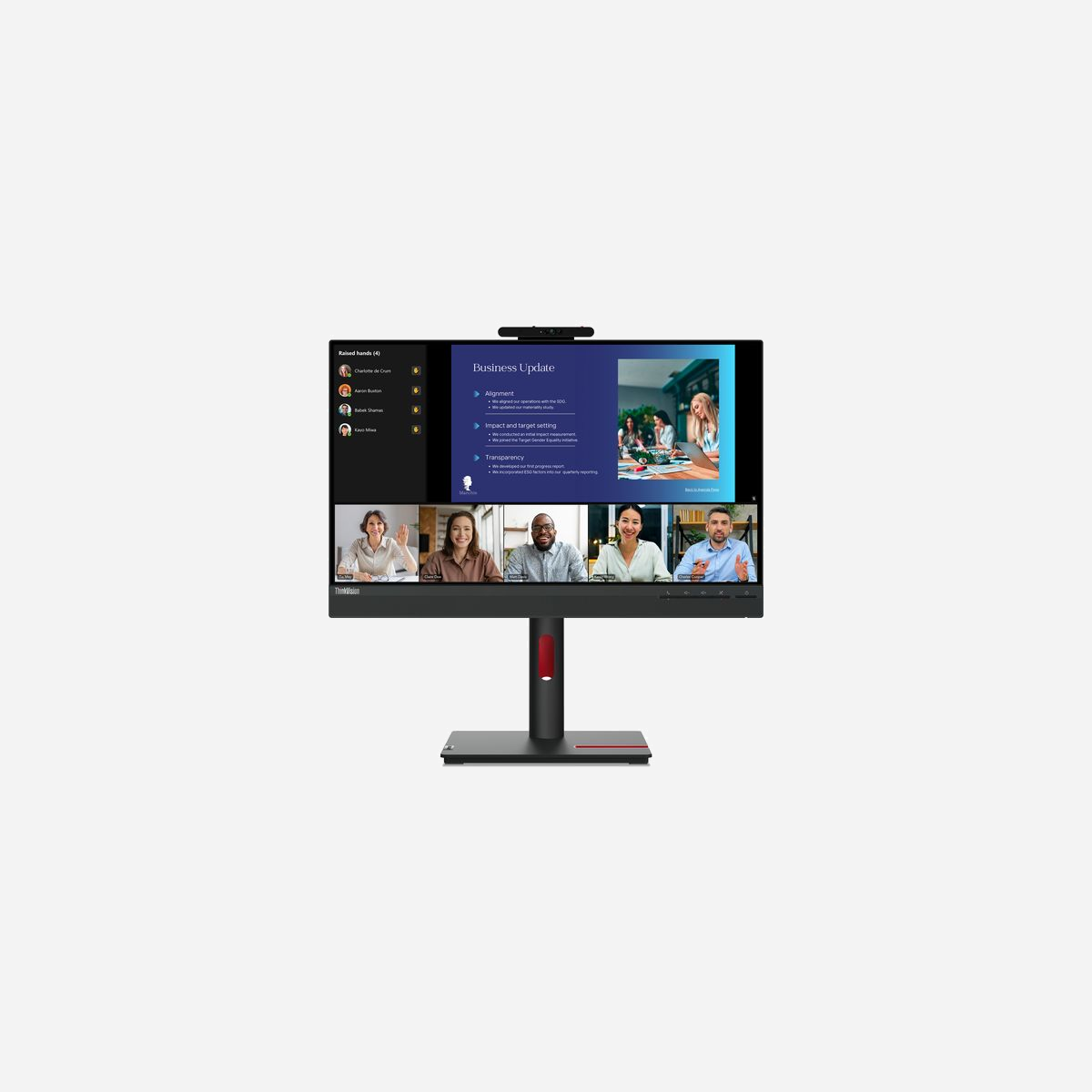 Lenovo ThinkVision T24v-30 - Écran LED 23.8" Full HD (1920x1080) IPS W-LED, 6ms, 250cd/m², Hub USB 3.2, DP/HDMI/VGA, Haut-parleurs, Webcam 2MP - Lenovo ThinkVision T24v-30. Taille de l'écran: 60,5 cm (23.8"), Résolution de l'écran: 1920 x 1080 pixels, Type HD: Full HD, Technologie d'affichage: LED, Temps de réponse: 6 ms, Format d'image: 16:9, Angle de vision horizontal: 178°, Angle de vision vertical: 178°. Haut-parleurs intégrés. Concentrateur USB intégré, Version du concentrateur USB: 2.0 / 3.2 Gen 1 (3.1 Gen 1). Montage VESA, Réglage de la hauteur. Couleur du produit: Noir