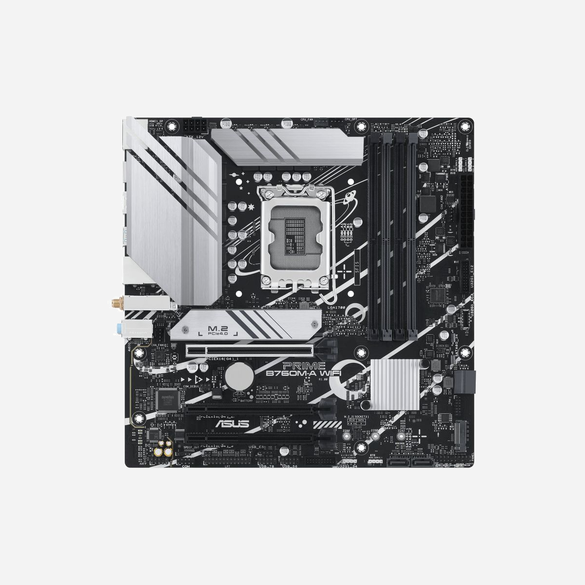 ASUS PRIME B760M-A WIFI : Carte mère micro ATX Intel B760, Socket LGA 1700, DDR5 128Go max, 2x M.2, Wi-Fi 6, 2.5GbE, HDMI 2.1, DisplayPort 1.4 - ASUS PRIME B760M-A WIFI. Fabricant de processeur: Intel, Socket de processeur (réceptable de processeur): LGA 1700, Processeurs compatibles: Intel® Celeron®, Intel® Core™ i3, Intel® Core™ i5, Intel® Core™ i7, Intel® Core™ i9,.... Types de mémoire pris en charge: DDR5-SDRAM, Mémoire interne maximale: 128 Go, Type de support (slot): DIMM. Interfaces de lecteur de stockage prises en charge: M.2, SATA III, Types de lecteurs de stockage pris en charge: HDD & SSD, Niveaux RAID: 0, 1, 5, 10. Type d'interface Ethernet: 2.5 Gigabit Ethernet, Fast Ethernet, Gigabit Ethernet, Norme Wi-Fi: Wi-Fi 6 (802.11ax), Standards wifi: 802.11a, 802.11b, 802.11g, Wi-Fi 4 (802.11n), Wi-Fi 5 (802.11ac), Wi-Fi 6 (802.11ax). composant pour: PC, Elément de forme de carte mère: micro ATX, famille de composant de produits: Intel
