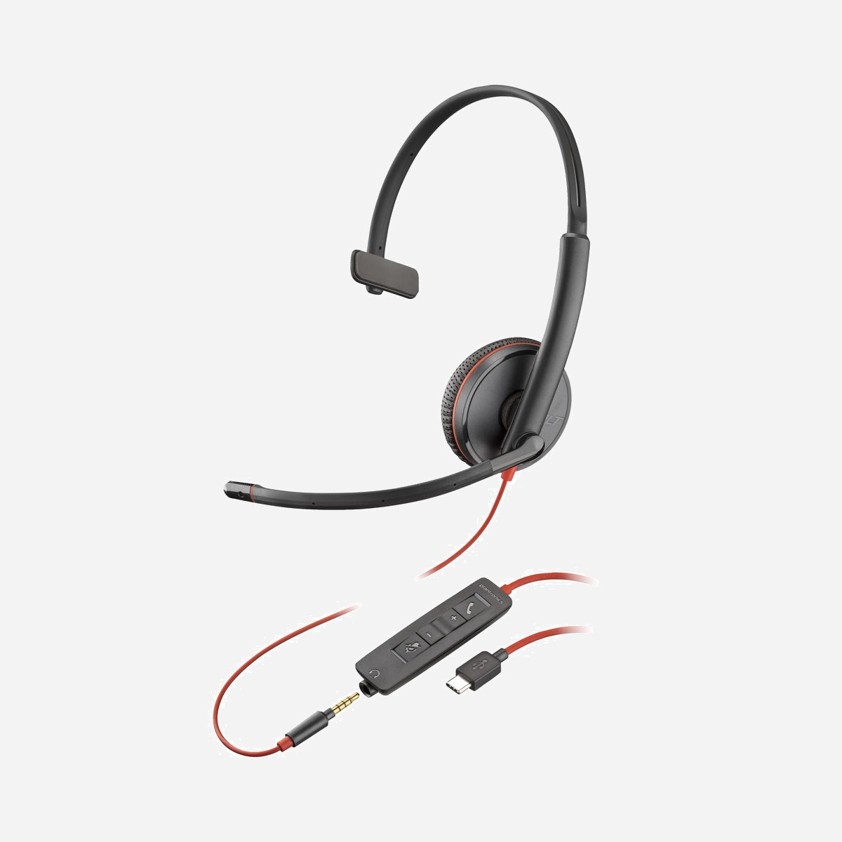 POLY Micro-casque monaural Blackwire C3215, connectivité USB-C/3.5mm, supra-aural, perche micro omnidirectionnelle 100-10000Hz, SoundGuard DIGITAL, étui inclus - Une mobilité inégalée<br>Conçus pour répondre aux besoins de l’entreprise, les micros-casques de la gamme Blackwire 3200 offrent une qualité audio exceptionnelle. Ils arborent un design épuré et une perche de microphone flexible pour personnaliser la façon de les porter. Que demander de plus ?