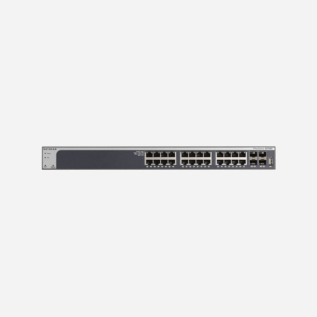 NETGEAR XS728T-100NES Switch Manageable L2+/L3 24x10G Ethernet RJ45 + 4xSFP+ 560Gbit/s QoS, VLAN, Routage Statique, ACL, SNMP v1/v2c/v3 - En tant que principal fournisseur d’équipements réseaux pour les PME, NETGEAR comprend l’importance de fournir du matériel réseau fiable et hautes performances pour ses clients. Avec le développement de la virtualisation, des services et des applications comme la VoIP, les flux vidéo et la surveillance IP dans les PME, les réseaux d’entreprise doivent fournir un haut niveau de fiabilité avec des des vitesses de transfert élevées. Les Smart Switches manageables 10 Gigabit de NETGEAR sont adaptés à ce type d’exigence. Ils offrent une bande passante non-bloquante de 10 Gigabit cuivre, sans précédent pour un tarif abordable en utilisant la technologie 10Gbase-T.<br><br>Les Smart Switches NETGEAR ProSAFE XS712T et XS728T sont de puissants commutateurs manageables. Le XS712T est équipé de 12 ports 10 Gigabit cuivre et de 2 ports Combo SFP+. Le XS728T est équipé de 24 ports 10 Gigabit cuivre et de 4 ports SFP+ dédiés supplémentaires (XS728T) pour des connexions 10G Fibre. Les Smart Switches manageables 10 Gigabit NETGEAR sont rentables pour établir des connexions 10 Gigabit vers des serveurs ou des systèmes de stockage NAS. Ils peuvent être utilisés au cœur des réseaux au sein des PME ou comme switches d’agrégation ou d’accès dans des structures plus importantes afin d’établir des connexions 10 Gigabit de la périphérique vers le cœur du réseau avec des switches totalement manageables M7100 / M7300 notamment pour les groupes de travail.<br><br><br><b>Fonctionnalités de niveau 2 complètes</b><br><br>Le XS712T et le XS728T offrent un panel complet de fonctionnalités de niveau 2+ afin de répondre aux évolutions futures et aux besoins actuels des clients notamment pour la virtualisation, la mobilité et la convergente. Certaines des principales caractéristiques comprennent :<br><br>- Caractéristiques VLAN avancée comme le protocole VLAN et VLAN basé sur les adresses MAC<br>- QoS avancée avec gestion de fonctionnalités de niveau 2, 4 et 8 queues prioritaires<br>- Routage Statique<br>- VLAN privé<br>- Assignation dynamique des VLAN<br>- IGMP et Snooping MLD<br>- Sécurité avancée<br>- IPv6 pour le management, QoS et ACL<br><br><b>Connexions 10 Gigabit cuivre</b><br><br>- Le 10 Gigabit Base-T comme les autres technologies le Base-T utilise des connecteurs RJ-45 Ethernet<br>- Il est rétro-compatible et gère automatiquement les vitesses supérieures et inférieures - pas besoin de forcer la mise à jour des équipements réseaux<br>- Les câbles de Cat5/Cat5e supportent la vitesse de 10 Gigabit. Le câble paire torsadée de Cat6 est le minimum requis pour les distances de plus de 30 mètres<br>- Les câbles de Cat6A/Cat7 permettent des distances de câblage allant jusqu’à 100 mètres.