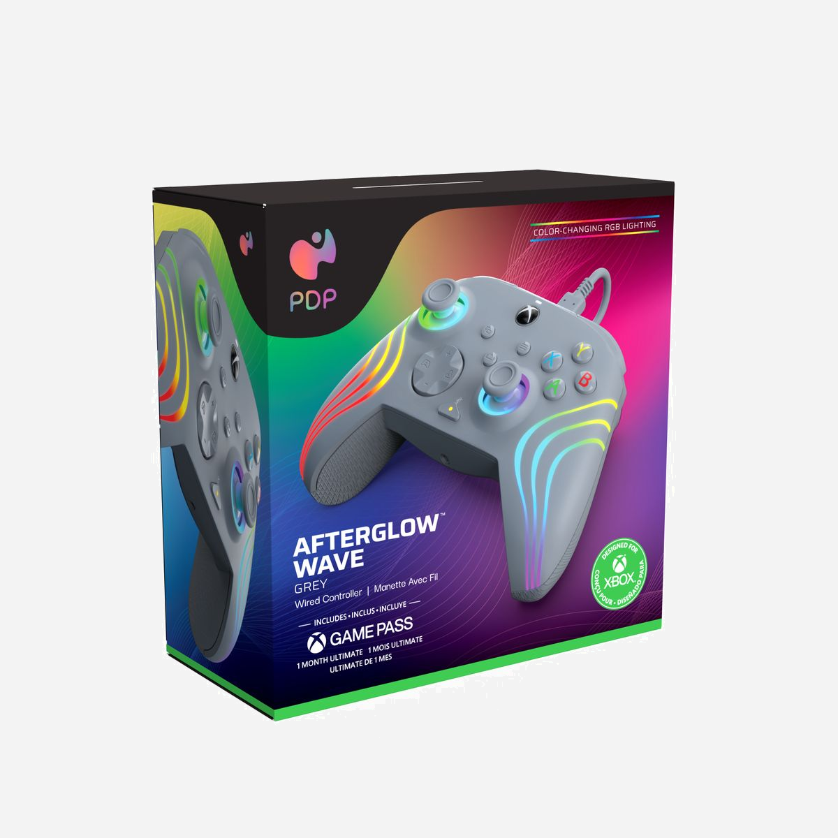 Manette de jeu PDP Afterglow Wave Gris USB (PC, Xbox) Analogique/Numérique, RGB Multicolore, boutons programmables, câble USB-C 2.43m, Windows 10/11 - Voyez vos jeux sous un nouveau jour avec la manette filaire Grey Afterglow Wave pour Xbox! Personnalisez votre jeu, créez des affichages colorés et bien plus encore avec cette manette sous licence officielle.<br><br>Faites des vagues avec les millions de couleurs et de combinaisons des lumières et des paramètres RGB de la manette filaire Afterglow Wave. Faites défiler les différents effets lumineux et les couleurs à l'aide du bouton ""fonction"" ou téléchargez l'application gratuite PDP Control Hub pour modifier les huit zones d'éclairage RGB et plus encore. Personnalisez votre manette encore plus, dans l'application, avec d'innombrables options comme le remappage des boutons, la reconfiguration des gachettes ou le réglage des zones mortes. Détruisez les opérations rapidement et efficacement en assignant les fonctions de la manette aux deux boutons arrière programmables. Utilisez les commandes de volume intégrées au D-pad et la coupure rapide du micro pour effectuer des ajustements rapides sans nuire à votre immersion. Améliorez votre précision et votre confort tout au long de la journée grâce aux poignées et gâchettes texturés de la manette. Branchez le câble USB-C de 8 pieds inclus et commencez à montrer vos vraies couleurs.