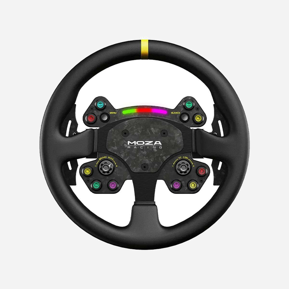 Moza Racing RS025 Volant PC Noir, Fibre de Carbone & Cuir, Aluminium, Connectivité Filaire/Sans Fil, 10 Boutons Programmables, 2 Joysticks, Rétroéclairage LED Multi, Quick Release - Moza Racing RS025. Type d'appareil: Volant, Plates-formes de jeux prises en charge: PC, Couleur de Backlight: Multi. Technologie de connectivité: Avec fil &sans fil. Couleur du produit: Noir, Matériau du boîtier/corps: Fibre de carbone, Cuir, Matériau du volant: Aluminium