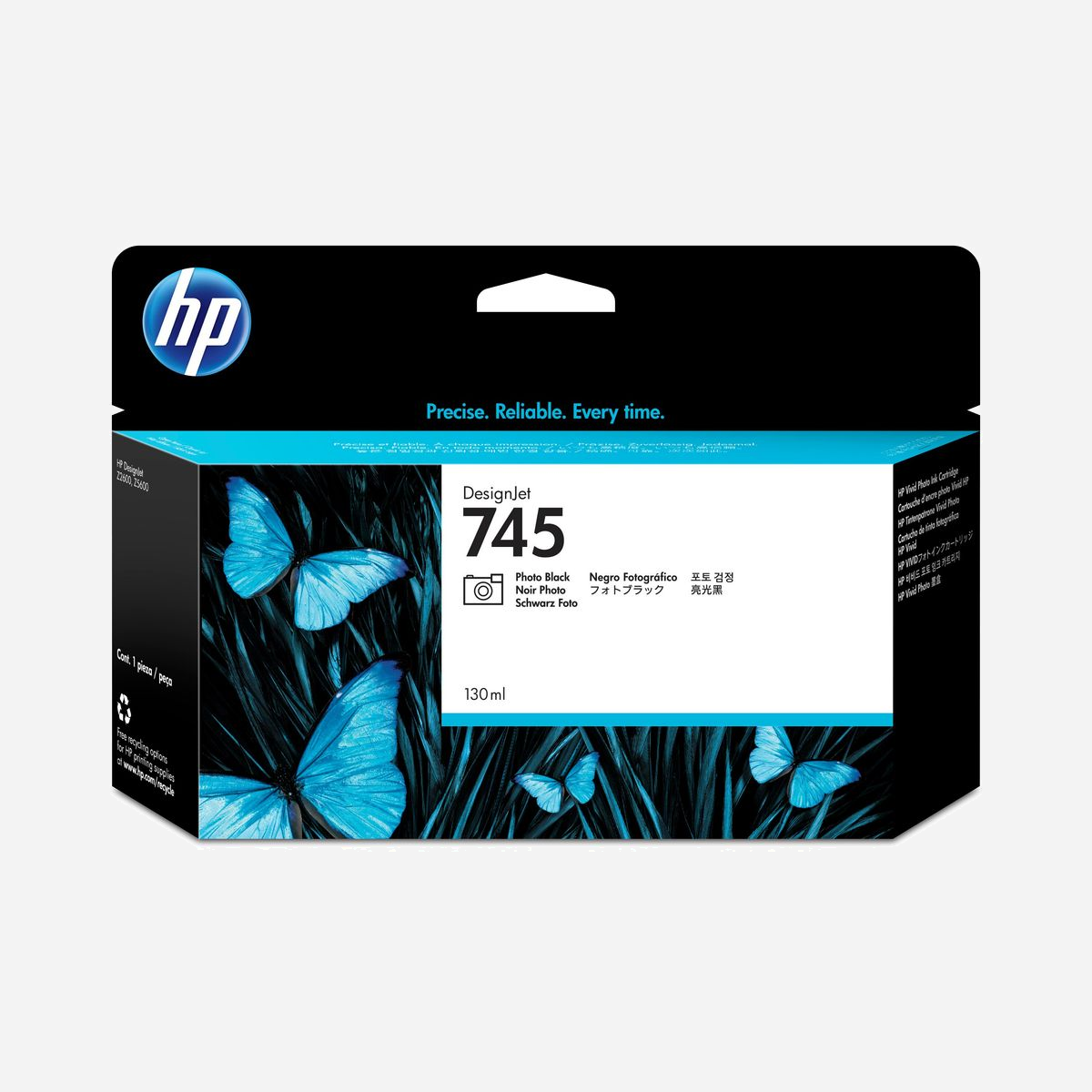 HP Cartouche d'encre DesignJet 745 Photo Noire 130ml (F9J98A) - Encre à Pigments - Compatibilité DesignJet Z2600/Z5600 PostScript - Idéal pour les applications graphiques et techniques.<br>Imprimez des graphiques impressionnants et accrocheurs grâce à l’encre rouge chromatique de HP, qui permet de créer des affiches et des enseignes percutantes pour les points de vente. Créez facilement une large gamme d’applications graphiques et techniques grâce aux cartouches d’encre HP DesignJet authentiques de 130 ml ou au format économique de 300 ml.