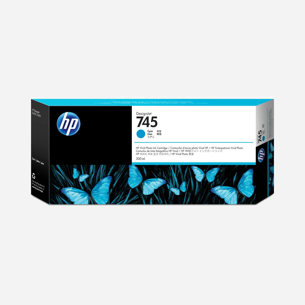 HP Cartouche Encre DesignJet 745 Cyan 300ml Pigmentée - Compatibilité Z2600/Z5600 PostScript - Code OEM F9K03A - Idéal pour les applications graphiques et techniques.<br>Imprimez des graphiques impressionnants et accrocheurs grâce à l’encre rouge chromatique de HP, qui permet de créer des affiches et des enseignes percutantes pour les points de vente. Créez facilement une large gamme d’applications graphiques et techniques grâce aux cartouches d’encre HP DesignJet authentiques de 130 ml ou au format économique de 300 ml.