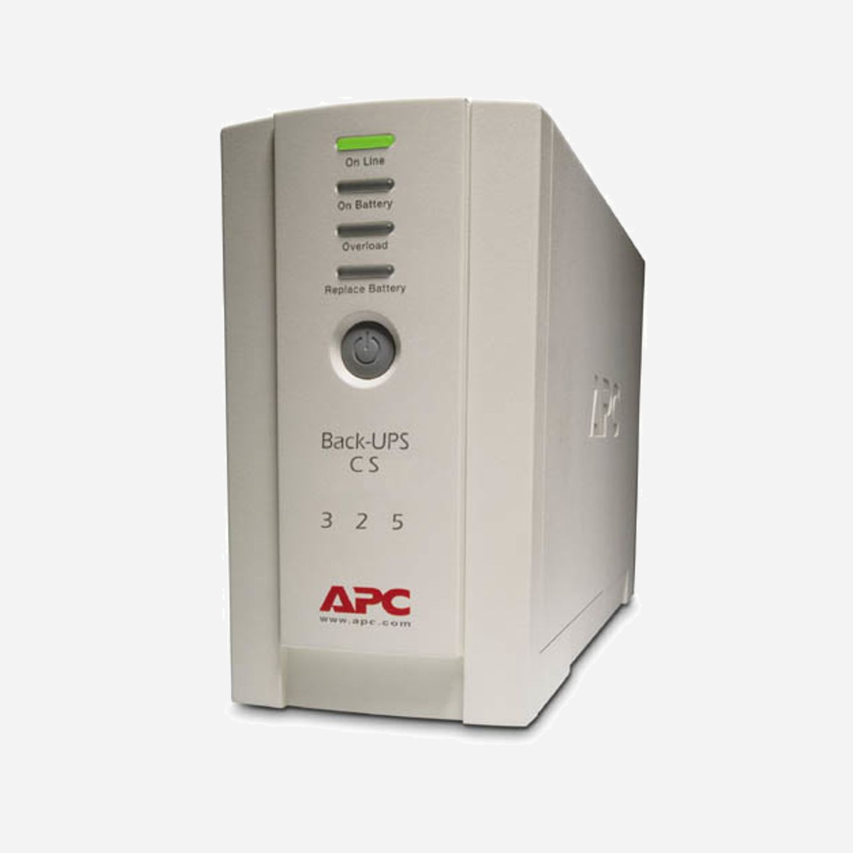 APC Back-UPS CS BK325I : Onduleur 0.325kVA / 210W, Protection 320J, Batterie VRLA (6h recharge), IEC 320 C13/C14, 230V, Beige - APC Back-UPS CS 325 w/o SW. capacité de la puissance de sortie: 0,325 kVA, Puissance de sortie: 210 W, Estimation de montée subite d'énergie: 320 J. Technologie batterie: Sealed Lead Acid (VRLA), Temps de rechargement de la batterie: 6 h. Couleur du produit: Beige. Certification: C-tick,CE,EN 50091-1,EN 50091-2,GOST,VDE. Poids: 5,73 kg