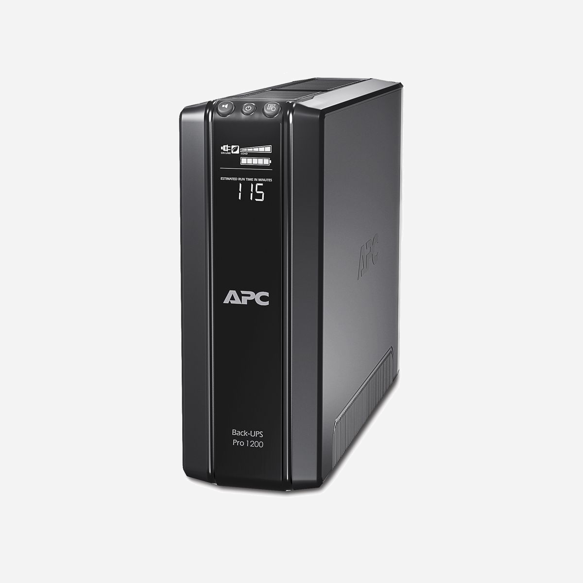 APC Back-UPS Pro BR1200G-GR : UPS Line Interactive 1.2kVA/720W, Autonomie 5.4min à pleine charge, 6 prises Type F, AVR, LCD, Protection Surtension, RoHS - APC Back-UPS Pro. Topologie UPS: Interactivité de ligne, capacité de la puissance de sortie: 1,2 kVA, Puissance de sortie: 720 W. Types de sortie AC: Type F. Technologie batterie: Sealed Lead Acid (VRLA), Capacité de la batterie: 187 VAh, Temps de secours type au chargement complet: 5,4 min. Couleur du produit: Noir, Longueur de câble: 1,83 m, Type d'écran: LCD. Certificats de conformité: RoHS, Certification: BSI 1363, CE, NEMKO, REACH