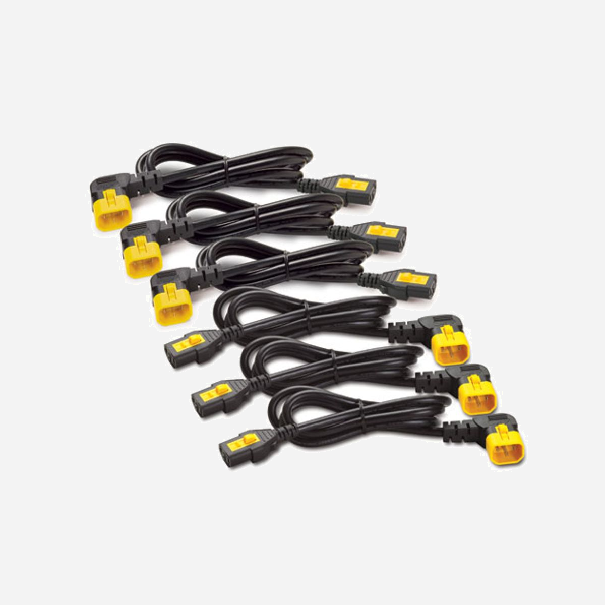 APC Kit de 6 Cordons Alimentation AP8706R-WW C13 vers C14 (90°) 1.83m 10A Noir/Jaune, Conforme RoHS/REACH, Empreinte Carbone 424.7g CO2e - Ce kit de cordons d'alimentation de 6 câbles avec prise femelle (C13) d'un côté et mâle (C14) de l'autre, libère l'espace entre les PDU pour un montage en rack et l'équipement informatique connecté. L'installation de ce kit de cordons d'alimentation garantit une connexion fiable et stable entre les différents équipements informatiques. Grâce aux câbles de 1,83 mètres et leurs connecteurs à 90° degrés, il est plus facile de raccorder les éléments entre eux, même dans des espaces restreints. Le kit assure la continuité des opérations, malgré les coupures et déconnexions accidentelles. La sécurité du parc informatique est renforcée. Le produit est certifié green premium et répond aux normes REACh et RoHS. Il également soumis au protocole DEEE et doit être recyclé selon les indications fournies.