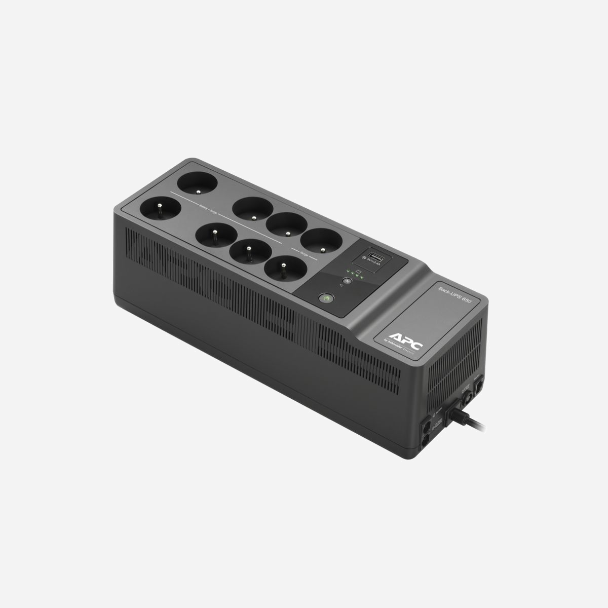 APC Back-UPS BE650G2-FR : Onduleur Off-Line 650VA/400W, 230V, USB, 6+2 Prises FR, Protection Surtension 310J, Autonomie Batterie, CE/EAC/RoHS - Compact et fiable, cet onduleur monophasé est conçu pour protéger vos équipements électroniques en cas de potentielles coupures de courant ou de surtension. Il dispose d’une tension d’entrée et de sortie principales de 230V, d’une puissance nominale de 400W/650 VA et d’une puissance de configuration maximale de 400W. Sa capacité à absorber les surtensions est de 310 joules. En cas de coupure de courant, l'onduleur prend le relais et fournit une alimentation électrique continue et stable à vos équipements. Il dispose de 6 prises Français/Belge, 2 prises Français/Belge surtension et d'un port USB. Le pack est fourni avec une batterie au plomb étanche, son câble d'installation et un guide de démarrage pour garantir une bonne mise en marche de l'appareil. Il est également équipé d’un voyant, d’une alarme sonore et d’une fonction d’analyse qui effectue des tests automatiques afin de s’assurer du bon fonctionnement de la batterie. Destinée à fournir une alimentation de secours pour votre ordinateur ou autre équipement, cette batterie assure également une protection efficace contre la perte de données. Compact et facile à installer, cet onduleur est également très simple d’utilisation grâce à la clarté de son interface utilisateur et s'intègre parfaitement à votre espace de travail. L'onduleur répond à la certification CE EAC, à la certification RoHS et aux normes EN/CEI 62040-1:2019/A11:2021, EN/CEI 62040-2:2006/AC:2006, EN/CEI 62040-2:2018.