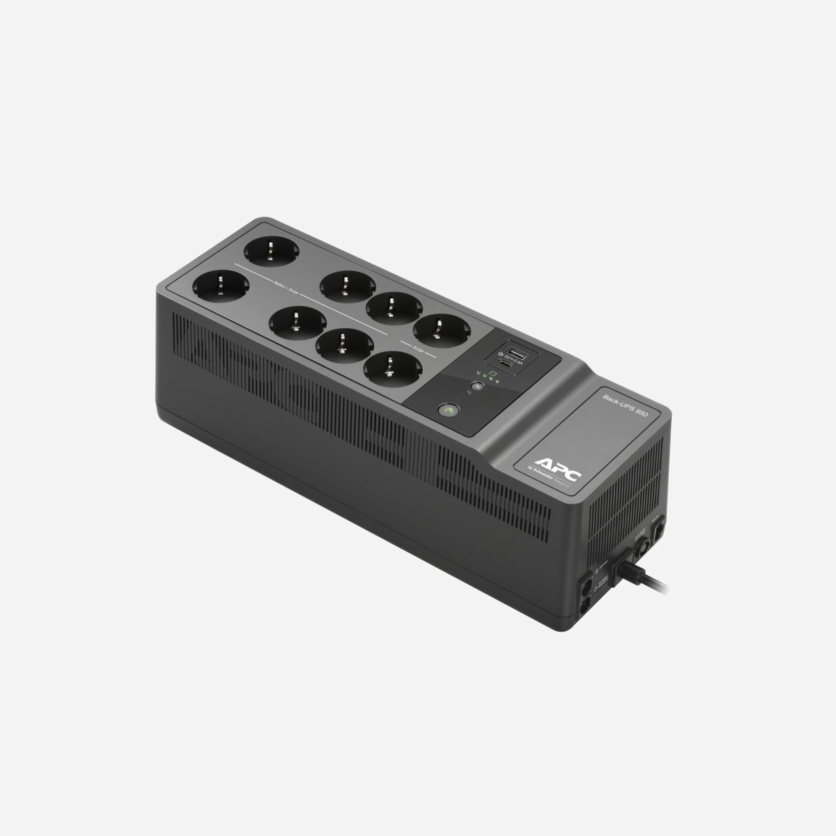 Onduleur APC BE850G2-IT 0.85kVA / 520W Veille, Tension d'entrée 220-230V, Sortie 220-230V 47/63Hz, Port USB Type-C, RJ-45, Batteries échangeables à chaud - <b>Sensibilité de la tension réglable</b><br>Vous permet d’adapter de façon optimale et performante vos onduleurs aux systèmes spécifiques d'alimentation électrique ou aux groupes électrogènes spécifiques.<br><br><b>Alarmes sonores</b><br>Informe du changement des conditions de l'alimentation secteur et de l'onduleur.<br><br><b>Autotest automatique</b><br>L'autotest de la batterie est effectué périodiquement pour garantir une détection précoce de la nécessité de remplacer une batterie.<br><br><b>Battery charging indicator</b><br>Indique quand la batterie est en charge et quand elle est complètement chargée.<br><br><b>Notification de défaillance de batterie</b><br>Offre une fonction d'analyse des pannes de batteries avec alerte précoce, permettant ainsi d'effectuer à temps une maintenance préventive<br><br><b>Indicateur de défaut de câblage du site</b><br>Ce témoin informe les utilisateurs de problèmes de câblage potentiellement dangereux dans le circuit mural.<br><br><b>Démarrage à froid possible</b><br>Fournit une alimentation par batterie temporaire en cas de panne de secteur.<br><br><b>Protection de la ligne de données contre les surtensions</b><br>Protection de l’équipement connecté contre les surtensions de la ligne de données<br><br><b>Notification de batterie déconnectée</b><br>Avertit lorsqu'une batterie n'est pas disponible pour assurer l'alimentation de secours.<br><br><b>Batteries échangeables à chaud</b><br>Garantit la continuité et la qualité de l'alimentation électrique des équipements protégés pendant le remplacement des batteries.<br><br><b>Homologué par un Bureau de sécurité</b><br>Garantit que le produit a été testé et homologué comme pouvant fonctionner en toute sécurité avec les charges <br>connectées et au sein de l'environnement.<br><br><b>Remplacement de batterie simple</b><br>Augmente la disponibilité de l'onduleur grâce au remplacement facile et rapide de la batterie.<br><br><b>Ports de chargement USB</b><br>Charge simultanément les périphériques mobiles, notamment les smartphones et tablettes.<br><br><b>USB connection</b><br>Ajoutez des fonctions supplémentaires de protection et de gestion électriques à votre onduleur via un port USB de votre ordinateur.<br><br><b>Batteries remplaçables par l'utilisateur</b><br>Accroît la disponibilité en permettant à un utilisateur formé d'assurer la mise à niveau et le remplacement des batteries, diminuant ainsi les délais de réparation.
