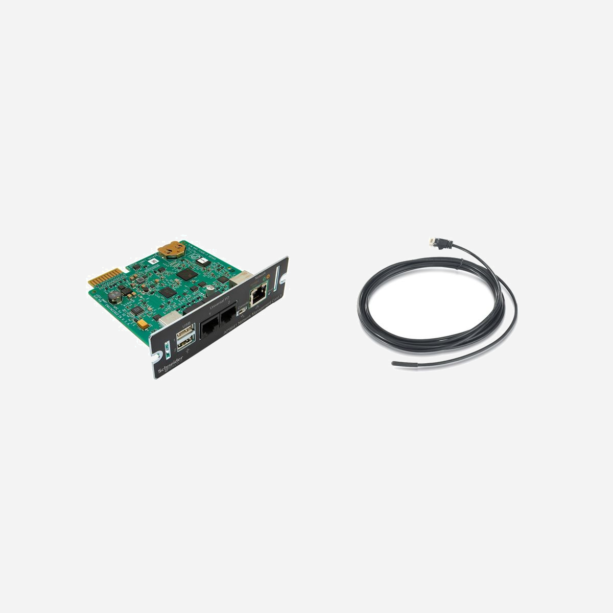 APC AP9641 Carte de Gestion Réseau Smart-UPS (Gen3) avec SmartSlot, Surveillance Environnementale et Support PowerChute Network Shutdown - <b>Gérez votre Smart-UPS</b><br>Avec la carte réseau ap9641 APC, vous connectez un APC Smart-UPS (équipé d'un SmartSlot) au réseau. De cette façon, vous pouvez surveiller et gérer l'onduleur à distance (SNMP, EcoStruxure™ IT, navigateur Web) et l'onduleur peut envoyer un signal d'arrêt à plusieurs serveurs physiques et/ou virtuels à l'aide du logiciel PowerChute Network Shutdown.<br><br><b>Surveiller l'environnement</b><br>L'AP9641 comprend un capteur de température (AP9335T), permettant de surveiller à distance la température ambiante de l'onduleur. Un arrêt automatique de l'onduleur déclenché par la température est également possible.<br><br><b>Mesurer l'humidité</b><br>L'AP9641 offre également de la place pour un deuxième capteur ; si vous choisissez l'AP9335TH, vous pourrez surveiller à la fois l'humidité et la température de l'environnement dans lequel se trouve l'onduleur. Cela signifie qu'un arrêt automatique de l'onduleur déclenché par une humidité excessive est également possible.<br><br><b>Surveillance UPS sans fil via WiFi</b><br>En connectant le dongle Wi-Fi USB AP9834 APC à la carte réseau, il peut communiquer sans fil avec votre réseau.<br><br><b>Surveillance UPS supplémentaire via relais</b><br>Au lieu d'un deuxième capteur, vous pouvez également choisir de combiner les avantages de la surveillance UPS via SNMP et des contacts secs/sans potentiel. Pour ce faire, combinez l'ap9641 avec l'ap9810.<br><br><b>Arrêt du réseau PowerChute</b><br>PowerChute Network Shutdown est un logiciel de gestion UPS qui fonctionne avec la carte de gestion réseau UPS pour protéger Windows, Linux et Host ESXi, ainsi que l'infrastructure hyperconvergée et virtuelle*. En cas de panne de courant, PowerChute peut arrêter correctement vos machines virtuelles et la séquence de démarrage préconfigurée garantit leur réactivation.<br><br>*Une licence supplémentaire est requise pour la prise en charge de HCI et des machines virtuelles :<br>1 an : SWPCNS1Y-DIGI<br>3 ans : SWPCNS3Y-DIGI<br>5 ans : SWPCNS5Y-DIGI<br><br><b>Gestion et surveillance à distance de votre réseau</b><br>La carte réseau peut être gérée à distance via l'interface de navigateur Web facile à utiliser, le logiciel de gestion à distance EcoStruxure™ IT (SFTWES1-DIGI) ou un autre système compatible SNMP. Astuce EcoStruxure™ IT inclut également les fonctionnalités du contrat de support ci-dessous.<br><br><b>Contrat d'assistance</b><br>La licence facultative de contrat de support de carte réseau** garantit que vous êtes toujours à jour et sécurisé et comprend des avantages supplémentaires tels que des mises à jour fréquentes avec :<br>• Fonctionnalités nouvelles et améliorées<br>• Mises à jour de sécurité<br>• Prise en charge avancée<br><br>**La licence ci-dessus est incluse pour la première année et disponible dans les variantes suivantes:<br>1 an : SWNMC3SU-1Y-DIGI<br>3 ans : SWNMC3SU-3Y-DIGI<br>5 ans : SWNMC3SU-5Y-DIGI<br><br><b>Commutation de prise à distance</b><br>Les appareils connectés bloqués peuvent être redémarrés à distance à l'aide de groupes de prises contrôlées déjà présents sur l'onduleur et en combinaison avec une carte réseau, afin que la fonctionnalité puisse être restaurée sans qu'il soit nécessaire de déployer du personnel.<br><br><b>Service de surveillance à distance</b><br>Le service optionnel Schneider Electric EcoStruxure Asset Advisor (WUPG1PEAA-UG-01) offre une protection et une tranquillité d'esprit maximales en surveillant à distance les équipements critiques pour vous 24h/24 et 7j/7 en temps réel via le hub de services connectés de SE. En cas d'incident, SE vous contactera directement sur votre téléphone portable via des alarmes intelligentes et vous proposera également immédiatement des solutions aux problèmes.<br><br>Asset Advisor est un service de surveillance à distance basé sur le cloud qui peut surveiller, dépanner et suivre les problèmes du site de manière rapide et efficace.<br><br><b>Spécifications NMC</b><br>Processeur : LCES (solution Ethernet à faible coût)<br>Plus rapide : prend en charge jusqu'à 1 Gbit/s<br>Stockage : journaux de données et d'événements presque illimités<br>Facilité d'utilisation : prise en charge de langues préchargées et console basée sur Micro USB