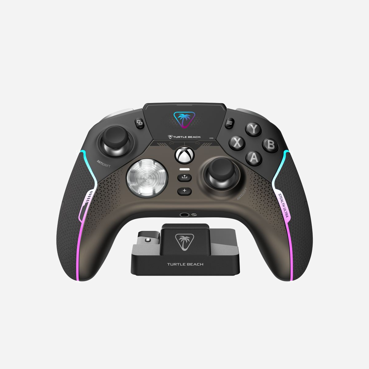Turtle Beach Stealth Ultra : Manette sans fil Bluetooth/USB pour Android, PC, Xbox One/Series X|S, sticks AntiDrift, boutons microcontacts 5M clics. - <b>Connexion sans fil et Bluetooth® à faible latence</b><br>La manette de jeu intelligente sans fil Turtle Beach® Stealth™ Ultra avec station de charge offre des performances de niveau professionnel grâce à ses composants et options de personnalisation sans égal et capables de satisfaire les joueurs les plus exigeants. La connexion sans fil à faible latence vous permet de vous connecter en toute fiabilité aux consoles Xbox Series X|S & Xbox One et aux PC Windows 10 et 11. De plus, la connectivité Bluetooth® intégrée vous offre encore plus de flexibilité pour une connexion directe aux PC, appareils mobiles et Smart TV équipés de Bluetooth®. <br><br><b>Personnalisation avancée</b><br>Le Connected Command Display, un innovant tableau de bord en couleur, vous permet de rester connecté pendant que vous jouez et offre de nombreux réglages directement accessibles. Une fonctionnalité brevetée, uniquement disponible sur la manette Stealth™ Ultra, vous permet de recevoir les notifications de vos réseaux sociaux depuis votre téléphone directement sur le Command Display. Cela signifie qu'il n'est plus nécessaire de détourner le regard du jeu pour prendre votre téléphone afin de vérifier vous notifications. La Stealth™ Ultra vous permet de les avoir sous les yeux afin que vous ne manquiez aucun moment d'action. Le tableau de bord du Command Display vous permet également de choisir à la volée parmi 10 profils intégrés pour différents genres de jeux ou types de personnages. En outre, vous pourrez régler les aspects clés des performances de la manette, tels que l'assignation des boutons, la réponse des sticks, les zones mortes et l'intensité des vibrations. Personnalisez votre Stealth™ Ultra grâce à sa palette de 16,8 millions de couleurs RGB et définissez ainsi vos préférences en matière d'esthétique, de notifications et d'avertissements de batterie faible. Et pour plus de commodité, ces fonctionnalités et bien d'autres encore sont également accessibles dans l'application Control Center 2 pour Xbox, PC Windows et appareils Android & iOS.<br><br><b>Des contrôles plus rapides et plus fiables</b><br>Conçue pour la longévité et des performances fiables, la Stealth™ Ultra est entièrement composée de matériaux haut de gamme. La croix directionnelle, les boutons ABXY, les boutons assignables et les gâchettes comportent des interrupteurs à microcontacts d'une durée de vie de 5 millions de clics qui garantissent une réponse fiable et plus rapide à chaque pression. Les sticks AntiDrift™ utilisent des capteurs à effet Hall sans contact pour renforcer la précision et améliorer la durabilité. La manette comprend également deux jeux supplémentaires de capuchons de stick pour permettre plus de personnalisation et répondre à vos préférences tactiles. Les butées de gâchette sont réglables d'un déplacement court pour les jeux d'action ou FPS jusqu'à une distance de déplacement complète permettant un dosage fin de l'accélération et du freinage dans les jeux de course. De plus, quatre boutons d'action rapide assignables vous offrent la possibilité de personnaliser vos commandes en fonction des types de jeux auxquels vous jouez.<br><br><b>Longue autonomie de batterie et charge rapide</b><br>La station de charge à faible encombrement offre à votre manette un endroit pratique pour être posée et rechargée lorsqu'elle n'est pas utilisée. Grâce aux modes d'alimentation réglables, vous avez la liberté d'ajuster les performances de la manette pour prolonger la durée de vie de sa batterie, par exemple en passant en mode furtif pour désactiver l'éclairage RGB. La charge rapide via USB 3.0 vous permet d'atteindre une charge complète en moins de 2 heures, ce qui vous procurera jusqu'à 30 heures d'autonomie selon le mode d'alimentation sélectionné. La station dispose également d'un port USB afin que vous puissiez y brancher le récepteur sans fil et ainsi n'occuper qu'un seul port USB sur votre Xbox ou PC. Conçue pour une utilisation sans fil sur les consoles Xbox, les PC Windows 10 et 11 et les Smart TV, la Stealth™ Ultra est néanmoins fournie avec un câble USB de 3 m/10 ft pour que vous puissiez la recharger tout en jouant.<br><br><b>Technologie sans fil à haute performance et à faible latence</b><br>Notre récepteur USB 2,4 GHz à faible latence breveté vous permet de vous connecter sans fil aux consoles Xbox et aux PC Windows 10 et 11 en le branchant directement sur ces appareils ou sur la station de charge. En outre, grâce à la technologie Bluetooth® intégrée, vous pouvez améliorer votre expérience de jeu sur les appareils mobiles Android et les Smart TV compatibles.<br><br><b>Batterie rechargeable d'une autonomie de 30 heures et station de charge rapide</b><br>Notre station de charge à faible encombrement offre jusqu'à 30 heures d'utilisation sans fil et permet une recharge complète en seulement 2 heures grâce à la fonction de charge rapide USB 3.0. La station dispose également d'un port USB afin que vous puissiez y brancher le récepteur sans fil et ainsi n'occuper qu'un seul port USB sur votre Xbox ou PC.<br><br><b>Centre de commande connecté</b><br>Inédit dans le monde du jeu vidéo, le Connected Command Display, un tableau de bord dynamique en couleur, vous permet de rester connecté aux notifications de vos réseaux sociaux et offre de nombreux réglages directement accessibles. Libérez tout le potentiel de la Stealth™ Ultra en enregistrant jusqu'à 10 profils permettant une personnalisation des boutons, des zones mortes et des modes de réponse des axes, de l'intensité des vibrations, des améliorations audio et de l'éclairage RGB. <br><br><b>Système breveté pour l'affichage intégré des notifications de réseaux sociaux</b><br>Depuis votre téléphone, affichez des notifications de vos réseaux sociaux préférés sur le tableau de bord du Command Display pour rester informé pendant que vous jouez.<br><br><b>Sticks™ AntiDrift</b><br>Contrairement aux sticks analogiques à contact total, les sticks sans contact à effet Hall utilisent des aimants internes ce qui permet d'obtenir une haute précision, ainsi qu'un contrôle fluide et sans dérive. Vous pouvez même régler les performances du stick en fonction du jeu auquel vous jouez. Par exemple, utilisez des contrôles linéaires pour un conduite cohérente dans les jeux de course ou des contrôles de précision pour une visée précise dans les jeux d'action et les jeux FPS. De plus, deux jeux de capuchons de stick supplémentaires sont inclus pour une adaptation à vos préférences tactiles.<br><br><b>Boutons précis à microcontacts</b><br>La Stealth™ Ultra a été entièrement conçue avec des matériaux haut de gamme pour augmenter ses performances et sa longévité. La croix directionnelle, les boutons ABXY, les boutons assignables et les gâchettes comportent des interrupteurs à microcontacts qui garantissent des réponses plus fiables et plus rapides, et ce pour une durée de vie de 5 millions de clics (5 fois plus longue que celle des boutons standard).<br><br><b>Butées de gâchette réglables</b><br>Modifiez à la volée la distance de déplacement des gâchettes en fonction des jeux auxquels vous jouez. Les distances de déplacement plus courtes offrent des profils de retour plus rapides pour les jeux FPS, tandis que les distances de déplacement complètes permettant un dosage précis de l'accélération et du freinage dans les jeux de course.<br><br><b>Quatre boutons d'action rapide assignables</b><br>Quatre boutons à microcontacts assignables situés à l'arrière de la manette vous offrent la possibilité d'adapter la Stealth™ Ultra à vos préférences exactes en fonction des types de jeux auxquels vous jouez. Au sein des 10 profils intégrés disponibles, vous pouvez définir des assignations de boutons et des paramètres spécifiques en fonction des jeux et des contextes.<br><br><b>Mode de ciblage Pro-Aim™</b><br>Sélectionnable comme l'une des fonctionnalités prédéfinies pour n'importe lequel des quatre boutons assignables, Pro-Aim™ ajuste la sensibilité des sticks pour une précision longue portée améliorée. Qu'il s'agisse d'un tir de sniper ou d'un coup franc impressionnant, Pro-Aim™ est entièrement ajustable pour que vous puissiez recourir à la sensibilité adéquate.<br><br><b>Personnalisation avec l'application Control Center 2</b><br>Ouvrez l'application Control Center 2 sur votre console Xbox, votre PC, votre téléphone iOS ou Android pour régler les paramètres de la manette, comme les préférences pour les notifications de réseaux sociaux et la personnalisation des boutons, des zones mortes, des modes de réponse des axes, de l'intensité des vibrations, des améliorations audio ou de l'éclairage RGB. De plus, l'application Control Center 2 vous permet d'effectuer rapidement des mises à jour de produit. <br><br><b>Réglages audio avancés</b><br>Améliorez n'importe quel casque connecté en 3,5 mm avec des fonctionnalités audio faciles à prendre en main et exclusives à Turtle Beach, notamment les quatre préréglages d'égalisation et le Superhuman Hearing®. De plus, vous pouvez régler indépendamment le volume sonore du jeu et du chat selon vos préférences, régler le retour micro et plus encore, le tout directement à partir du tableau de bord Command Display. <br><br><b>Éclairage RGB intelligent</b><br>Le système d'éclairage LED RGB intelligent vous permet de personnaliser la Stealth™ Ultra avec 16,8 millions de couleurs distinctes et des effets. Vous pouvez également définir différentes combinaisons de couleurs pour les alertes de notification et les avertissements de batterie faible afin de vous tenir au courant de l'état de la manette.<br><br><b>Retour haptique immersif</b><br>Les moteurs de vibration doubles des poignées et des gâchettes offrent un retour de haptique immersif et sont entièrement réglables via le tableau de bord Command Display. Réglez les niveaux de vibration en fonction des jeux auxquels vous jouez, de la vibration maximale pour les jeux de course intenses, à la réponse minimale pour réduire les interférences lorsqu'un contrôle de visée précis est nécessaire.<br><br><b>Matériaux haut de gamme</b><br>Conçue pour la longévité et le confort, la Stealth™ Ultra est dotée de finitions douces au toucher, de boutons à microcontacts durables et de poignées confortables et ergonomiques.<br><br><b>Étui permettant la recharge</b><br>Rangez votre manette, la station de charge, les câbles et les capuchons de stick supplémentaires dans l'étui de voyage rigide dont la fente intégrée vous permettra de recharger votre Stealth™ Ultra.