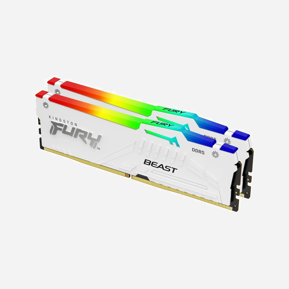 Kingston FURY Beast DDR5 RGB 32GB (2x16GB) 6000MT/s CL30 DIMM White EXPO (KF560C30BWEAK2-32) Radiateur, RGB, 1.35V - Kingston FURY™ Beast DDR5 RGB* te permet d'overclocker avec style sur les plates-formes de jeu de nouvelle génération avec une technologie de pointe. Découvre les avancées en terme de vitesses supérieures de la DDR5 grâce à un doublement des banques et des longueurs de rafales.<br><br>Les effets lumineux RGB éclatants avec le logiciel Kingston FURY CTRL et la Infrared Sync TechnologyTM brevetée, ainsi que les nouveaux designs noir et blanc du dissipateur thermique font la différence dans et hors du jeu.<br><br>Kingston FURY Beast DDR5 RGB offre les options Intel XMP 3,0 et AMD EXPO, deux nouvelles spécifications d’overclocking DDR5 qui comprennent des profils personnalisables pour les vitesses et les timings. Testés à 100 % en termes de vitesse, avec garantie limitée à vie.<br><br><b>Éclairage RGB amélioré avec un nouveau design du dissipateur thermique</b><br>Possibilité de personnaliser les dissipateurs thermiques noirs ou blancs avec 18 superbes effets lumineux RGB* à l’aide de Kingston FURY CTRL™ ou du logiciel du fabricant de la carte mère, pour donner davantage de style au jeu.<br><br><b>Breveté Kingston FURY Infrared Sync Technology™</b><br>Les superbes effets RGB brillent en unisson grâce à la Infrared Sync Technology brevetée de Kingston.<br><br><b>Intel® XMP 3,0-Prêt et certifié</b><br>Timings, vitesse et tension pré-optimisés pour des performances d'overclocking, et sauvegarde de nouveaux profils personnalisables par l’utilisateur grâce à un PMIC programmable.<br><br><b>Qualifiée par les plus grands fabricants de cartes mères au monde**</b><br>Testée et certifiée pour construire en toute confiance en vous reposant sur votre carte mère préférée.<br><br><b>Stabilité accrue pour l'overclocking</b><br>L’ECC sur puce (ODECC) permet de maintenir l’intégrité des données afin d’obtenir des performances optimales.