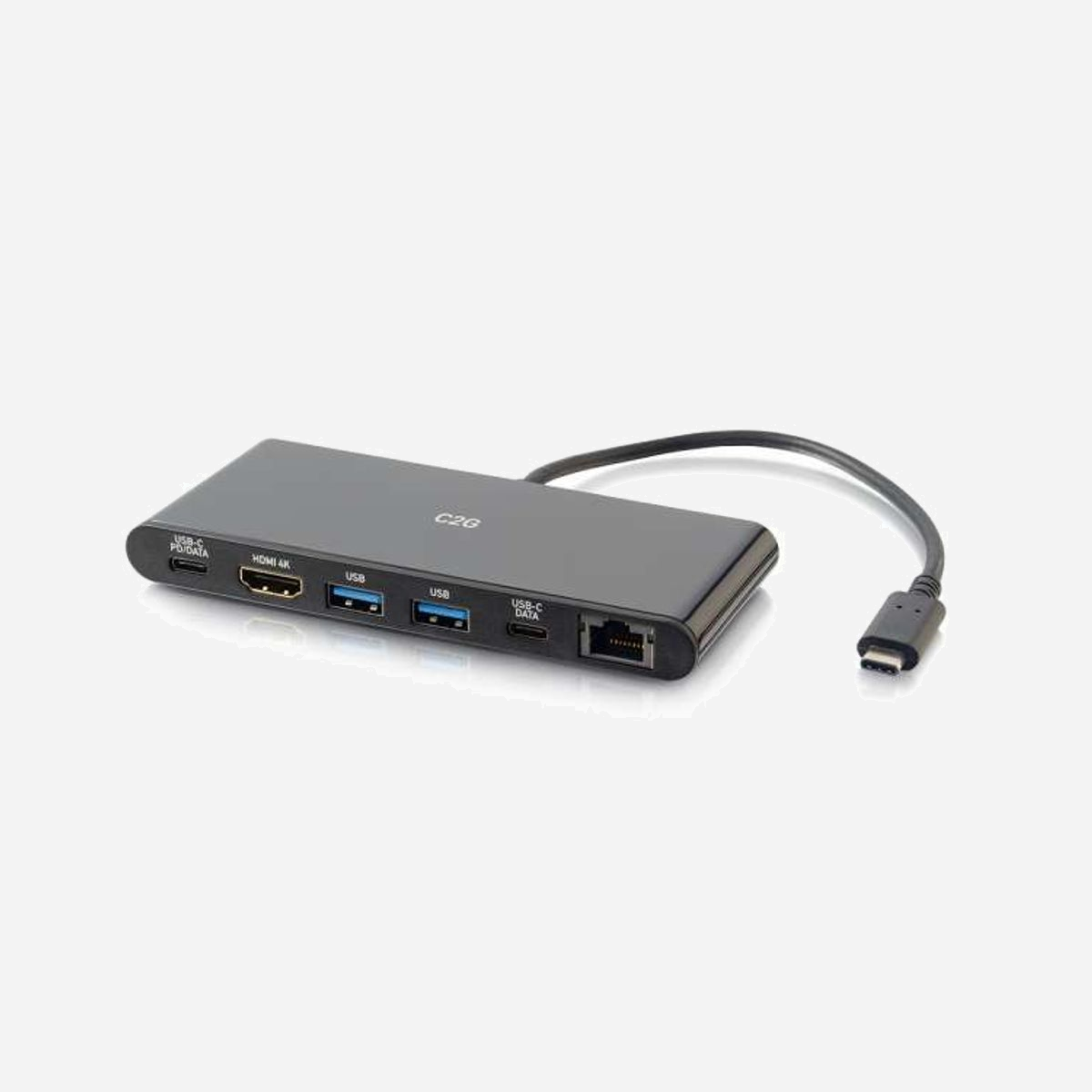 C2G Station d'accueil USB-C 3.2 Gen 1 4K HDMI Ethernet RJ45 1Gbps, 2x USB-A, 2x USB-C, Alimentation 60W, Noir, 133x55.2x14mm - La station d’accueil USB-C avec 4K HDMI, Ethernet, USB et alimentation électrique est une solution idéale pour obtenir la connectivité des réseaux câblés audio-vidéo et pour transférer des données quand vous êtes au bureau ou sur la route. Cette station d’accueil se connecte à un ordinateur portable, une tablette ou un ordinateur de bureau activé(e) par USB-C ou Thunderbolt 3, et incorpore un port Ethernet et un port USB Type C avec alimentation électrique.<br><br><b>Pratique</b><br>Connectez-vous à cette station d’accueil et affichez le contenu audio/vidéo 4K HDMI, tout en bénéficiant de l’alimentation électrique afin d’être sûr que votre ordinateur portable, votre tablette ou votre smartphone doté(e) d’un USB-C est complètement chargé(e). Vous pouvez aussi facilement et rapidement transférer des données grâce au port de données USB-C ou aux ports USB 3.0 inclus, qui sont rétrocompatibles avec USB 2.0. Dans l’ensemble, cette station d’accueil constitue un moyen léger, portable et simple de reproduire des vidéos, de transférer des données et pour les appareils de rester chargés.<br><br><b>Performant</b><br>Prenant en charge des résolutions jusqu’à 4K (3840x2160 à 30 Hz), la connexion HDMI permet à cette station d’accueil de reproduire ou d’agrandir une image vidéo de qualité supérieure sur l’écran connecté. Assure une alimentation de charge atteignant 60 W vers l’appareil connecté. Transfère des données jusqu’à 10 Gbits/s au moyen du port USB-C ou jusqu’à 5 Gbits/s si elle est connectée aux ports USB 3.0. Le port Ethernet permet d’obtenir une connectivité internet fiable avec des vitesses de transfert de fichier atteignant 1000 Mbits/s.