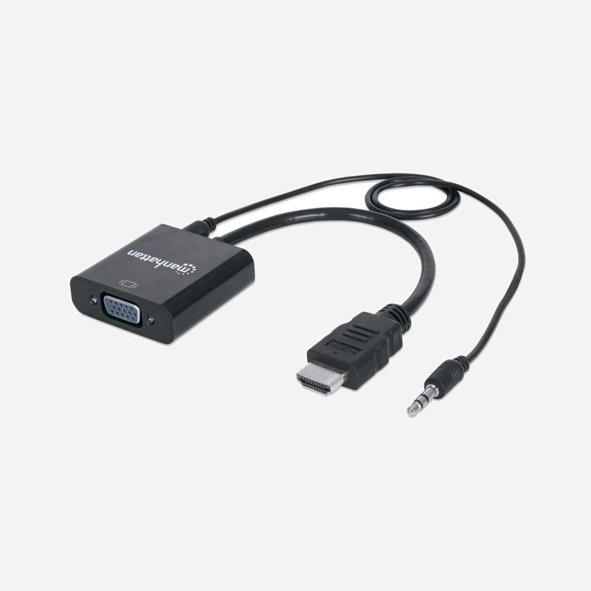 Manhattan Adaptateur Vidéo HDMI vers VGA (D-Sub) + Audio 3.5mm, 0.3m, Mâle/Femelle, Contacts Nickel/Or, AWG 30/32, Noir, HDMI 1.3 - Reliez facilement une source HDMI à un écran VGA.Le convertisseur HDMI/VGA Manhattan permet d'établir une connexion simple, rapide et pratique entre des ordinateurs portables et de bureau récents équipés de la technologie HDMI et autres sources multimédias, et les moniteurs, projecteurs et autres dispositifs d'affichage VGA existants. Le convertisseur HDMI/VGA Manhattan est facile et rapide à installer ; il ne nécessite aucune installation ou configuration complexe pour prolonger le fonctionnement et rentabiliser pleinement la valeur ajoutée des écrans, projecteurs et autres équipements VGA traditionnels. Cette solution de faible puissance, fiable et rentable permet aux utilisateurs de passer, entre autres, aux bandes passantes et résolutions HDMI, ainsi qu'à la technologie Deep Color sans avoir à se procurer des écrans et des projecteurs onéreux plus récents. Sa conception intégrée tout-en-un en fait une solution intégrée compacte qui évite les torsions et les encombrements de cordons dans les installations et les espaces de travail. Grâce à son port stéréo 3,5 mm, le convertisseur peut transmettre des signaux audio à un périphérique audio externe avec le câble audio de 3,5 mm pratique inclus.<br>