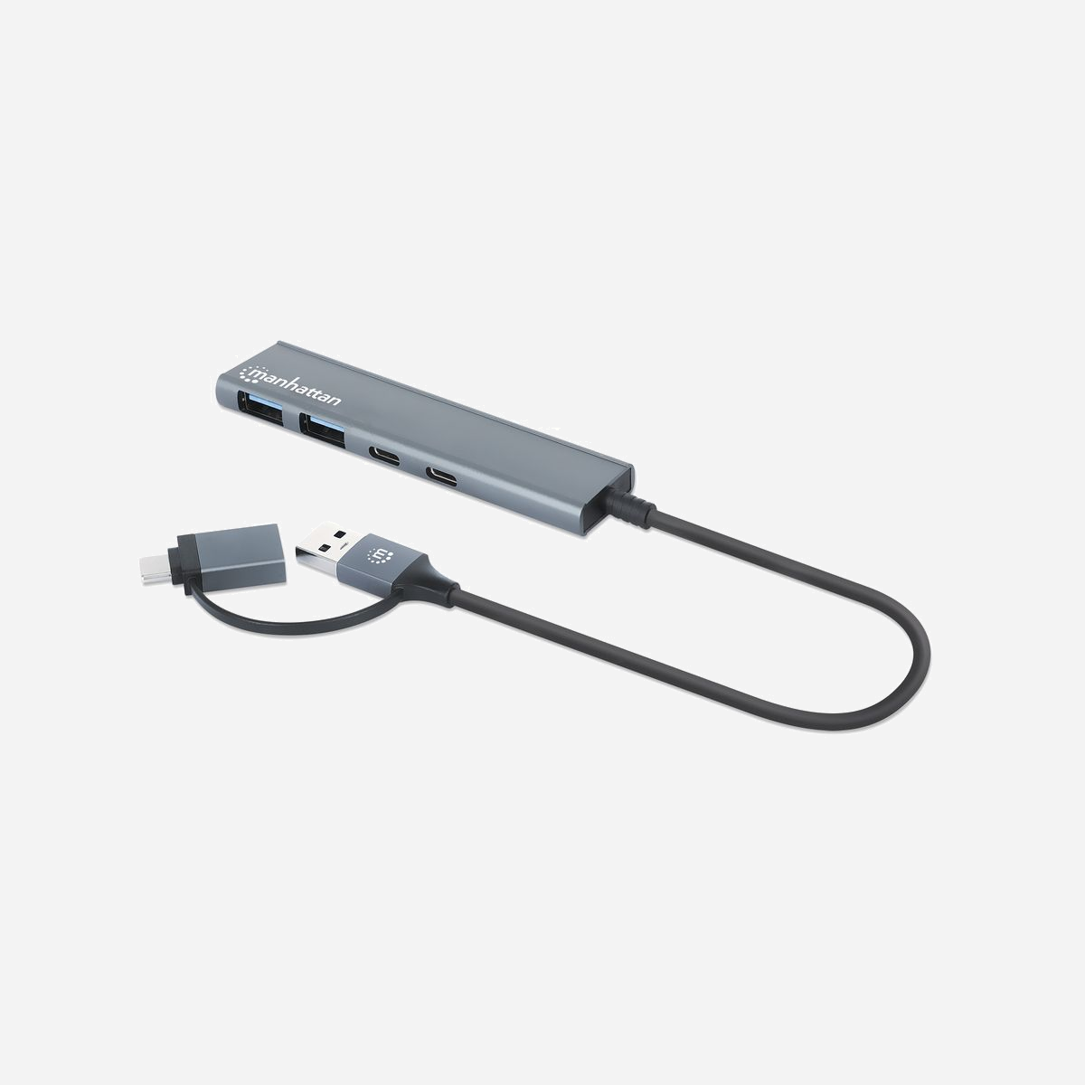 Manhattan 181075 Hub USB 3.2 Gen 1 Type-A/Type-C, 4 ports (2x Type-A, 2x Type-C), 5000 Mbit/s, Aluminium Gris, Windows/macOS/Linux/ChromeOS - Manhattan 181075. Interface de l'hôte: USB 3.2 Gen 1 (3.1 Gen 1) Type-A + Type-C, Interfaces Hub: USB 3.2 Gen 1 (3.1 Gen 1) Type-A, USB 3.2 Gen 1 (3.1 Gen 1) Type-C. Taux de transfert de données: 5000 Mbit/s, Couleur du produit: Gris, Matériau du boîtier/corps: Aluminium. Type d'alimentation d'énergie: USB. Prise en charge du système d'exploitation Windows: Windows 10, Windows 11, Windows 7, Windows 8.1, Windows Vista, Windows XP, Prise en charge d'autres systèmes d'exploitation: ChromeOS. Largeur: 25 mm, Profondeur: 104 mm, Hauteur: 9 mm