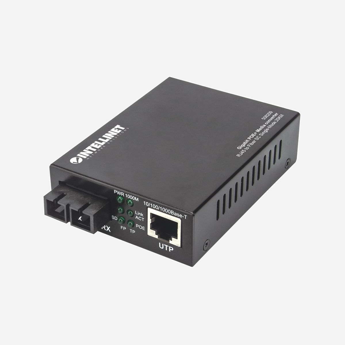 Intellinet 508209 Convertisseur de média 1000Base-T vers 1000Base-LX Monomode 1310nm, portée 20km, PoE 30W, Gigabit Ethernet, boîtier métal - Intellinet 508209. Débit de transfert des données maximum: 1000 Mbit/s, Convertisseur d'interface d'entrée: 1000Base-T, Interface de sortie du convertisseur: 1000Base-LX. Distance de transfert maximale: 20000 m, Longueur d'onde: 1310 nm, Structure du mode de fibre: Monomode. Voyants: Activité, Liaison, PoE, Énergie, Couleur du produit: Noir, Matériau du boîtier/corps: Métal. Connecteur de fibre optique: SC, Technologie de connectivité: Avec fil. Tension d'entrée: 56 V, Courant d'entrée: 0.5 A, Budget Total Power over Ethernet (PoE): 30 W